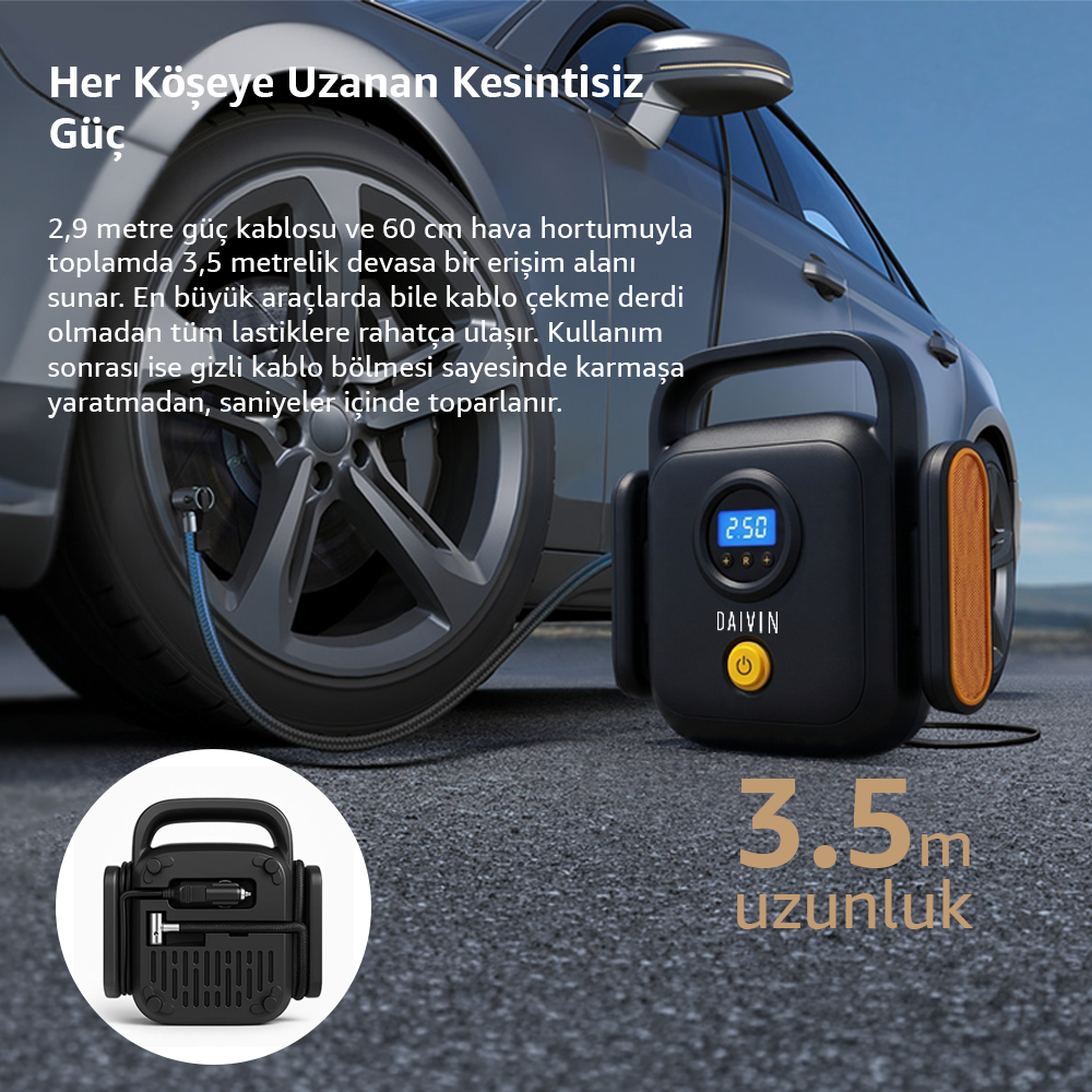 Siyah hava kompresörü araç tekerleği yanında, 2,50 PSI gösteriyor. 3,5m erişim.