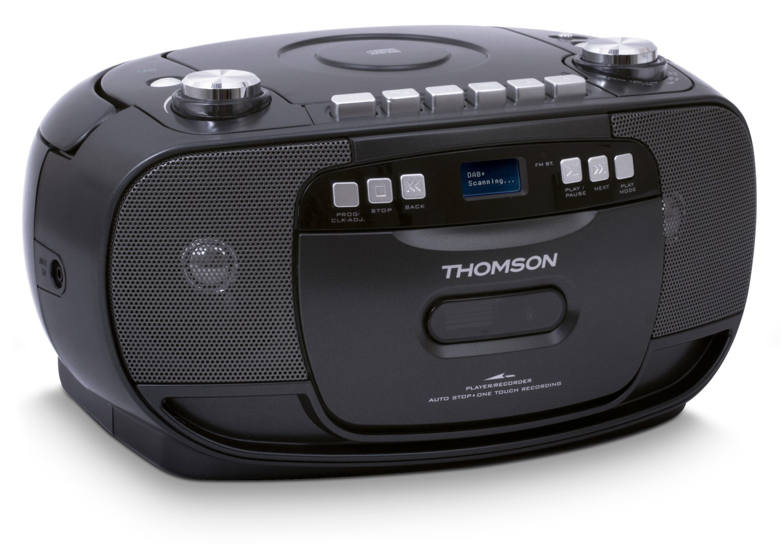 Czarny odtwarzacz CD Thomson z radiem, magnetofonem kasetowym i niebieskim wyświetlaczem.