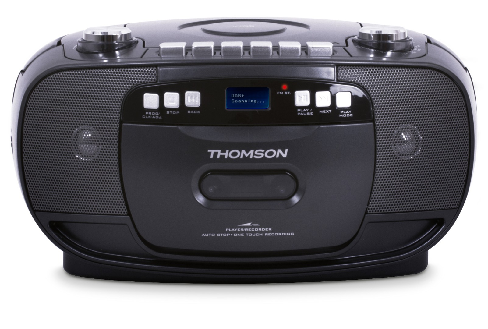 Czarna wieża Thomson z odtwarzaczem CD, radiem i magnetofonem kasetowym.