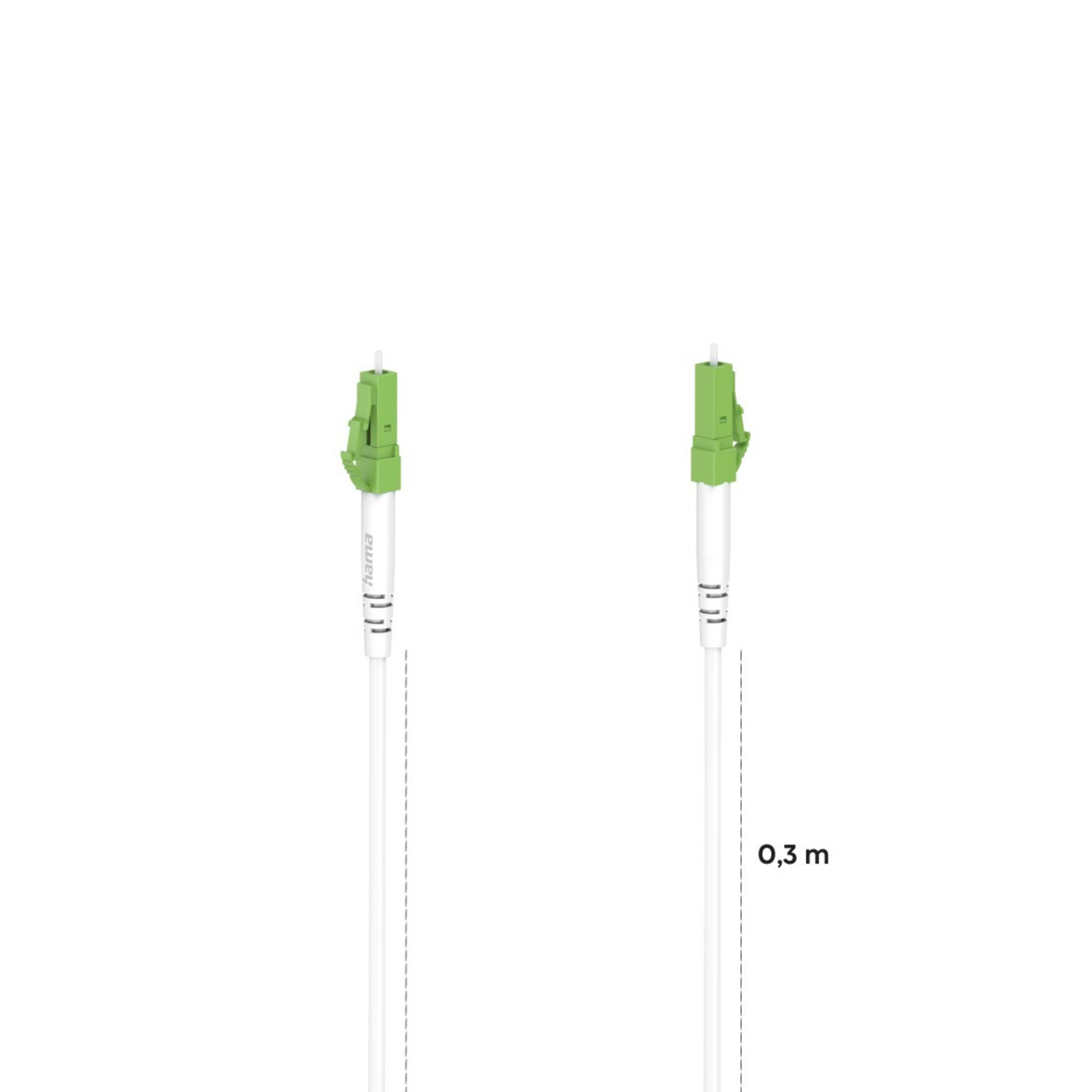 Zwei weiße Kabel mit grünen Steckern auf weißem Hintergrund, 0,3 m.