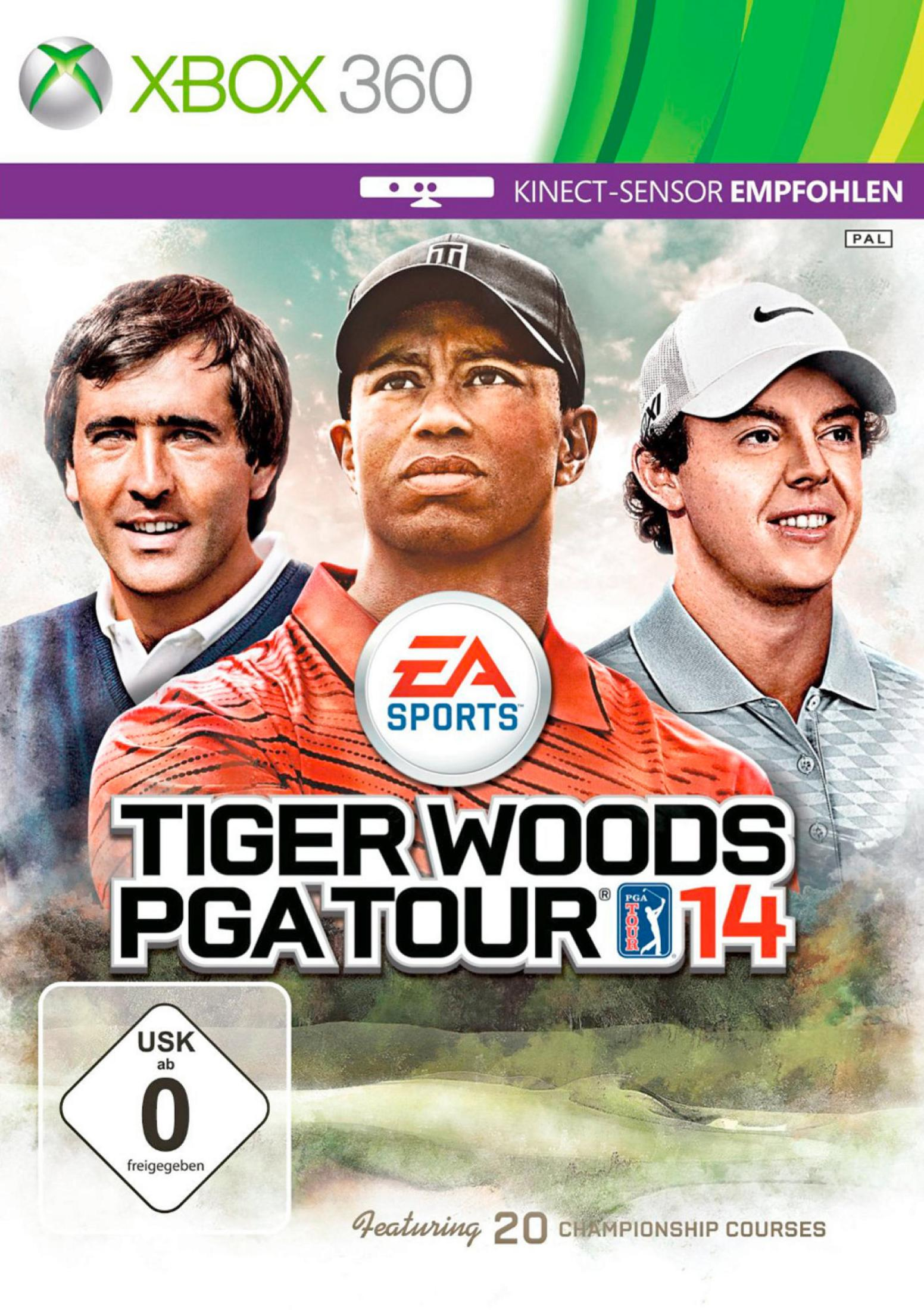 Cover von Tiger Woods PGA Tour 14 für Xbox 360 mit drei Golfern, EA Sports Logo.