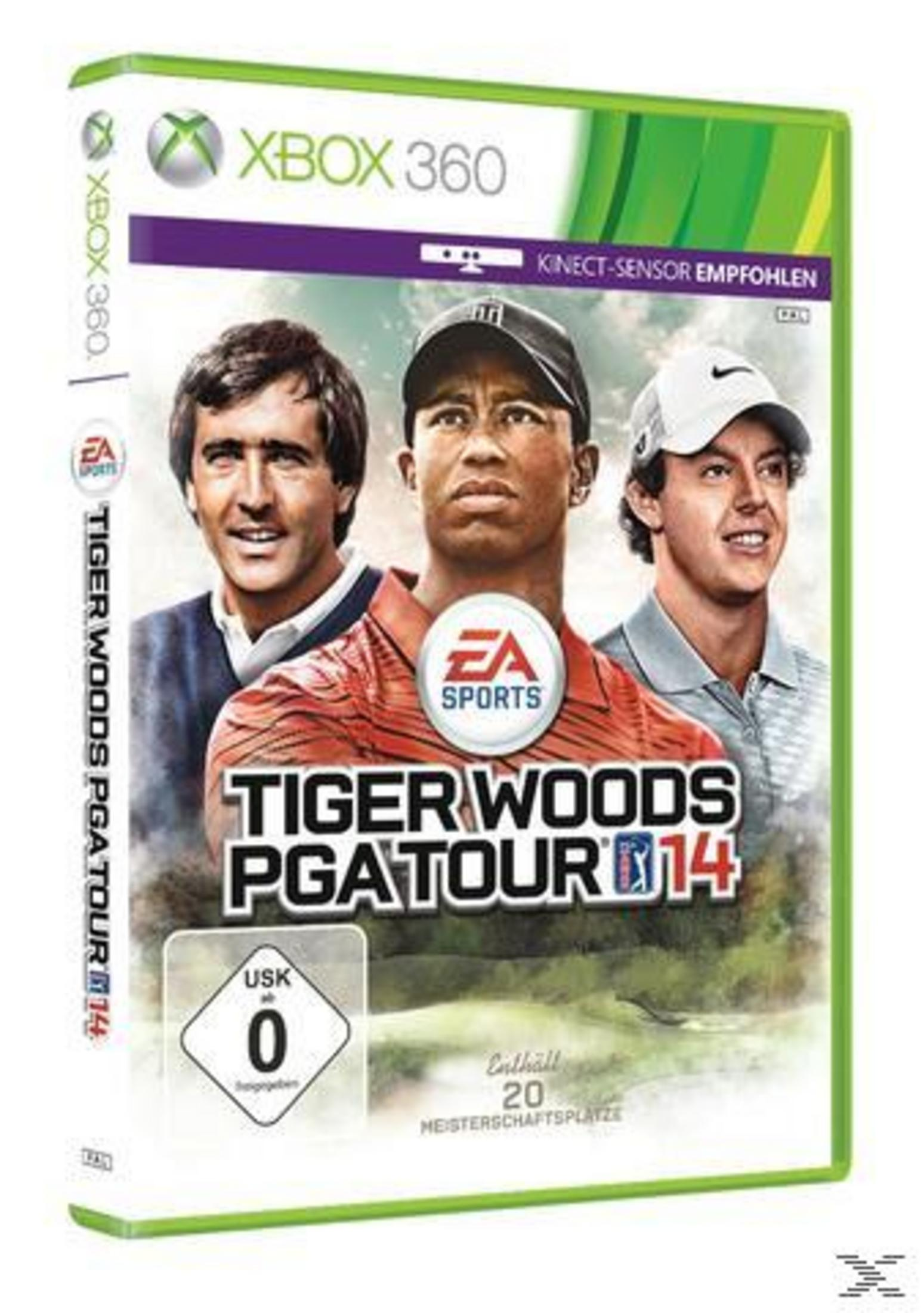 Xbox 360 Hülle für Tiger Woods PGA Tour 14 mit drei Golfspielern.