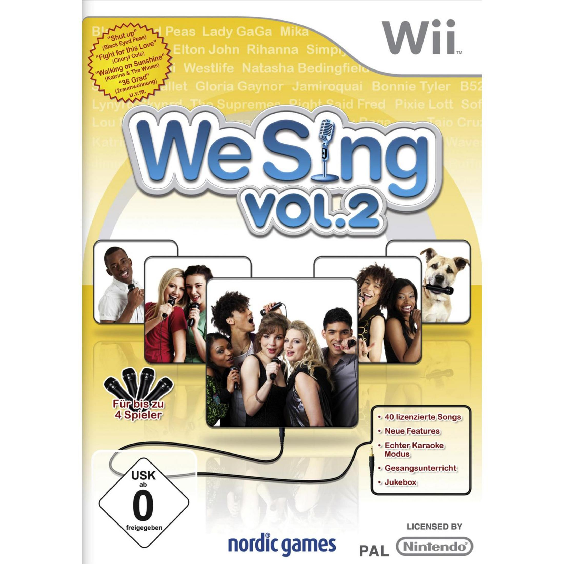 Cover von We Sing Vol. 2 für Wii mit Sängern, Mikrofonen und Songliste.