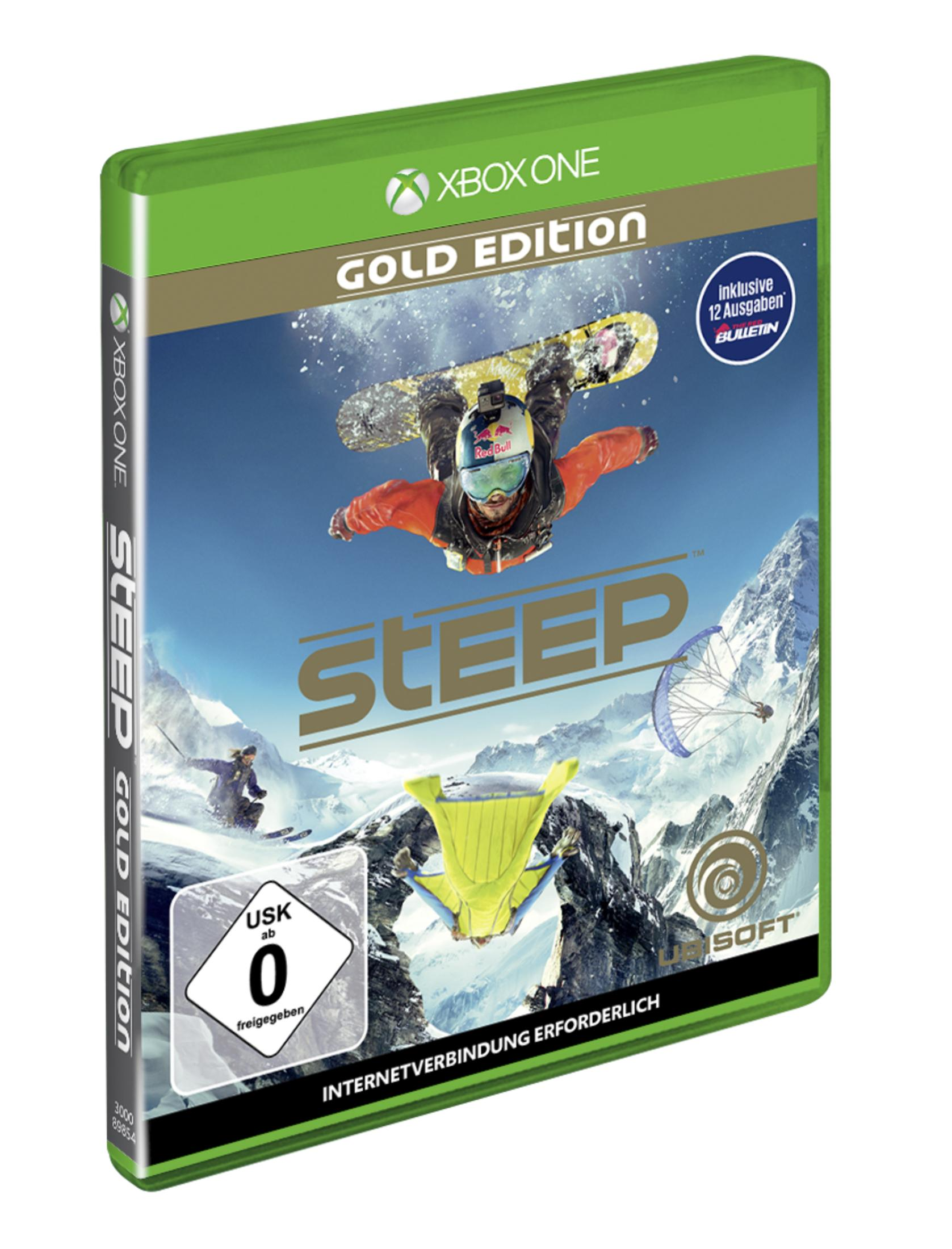 Xbox One Spiel: Steep Gold Edition mit Snowboarder, Wingsuit-Flieger und Gleitschirmflieger.