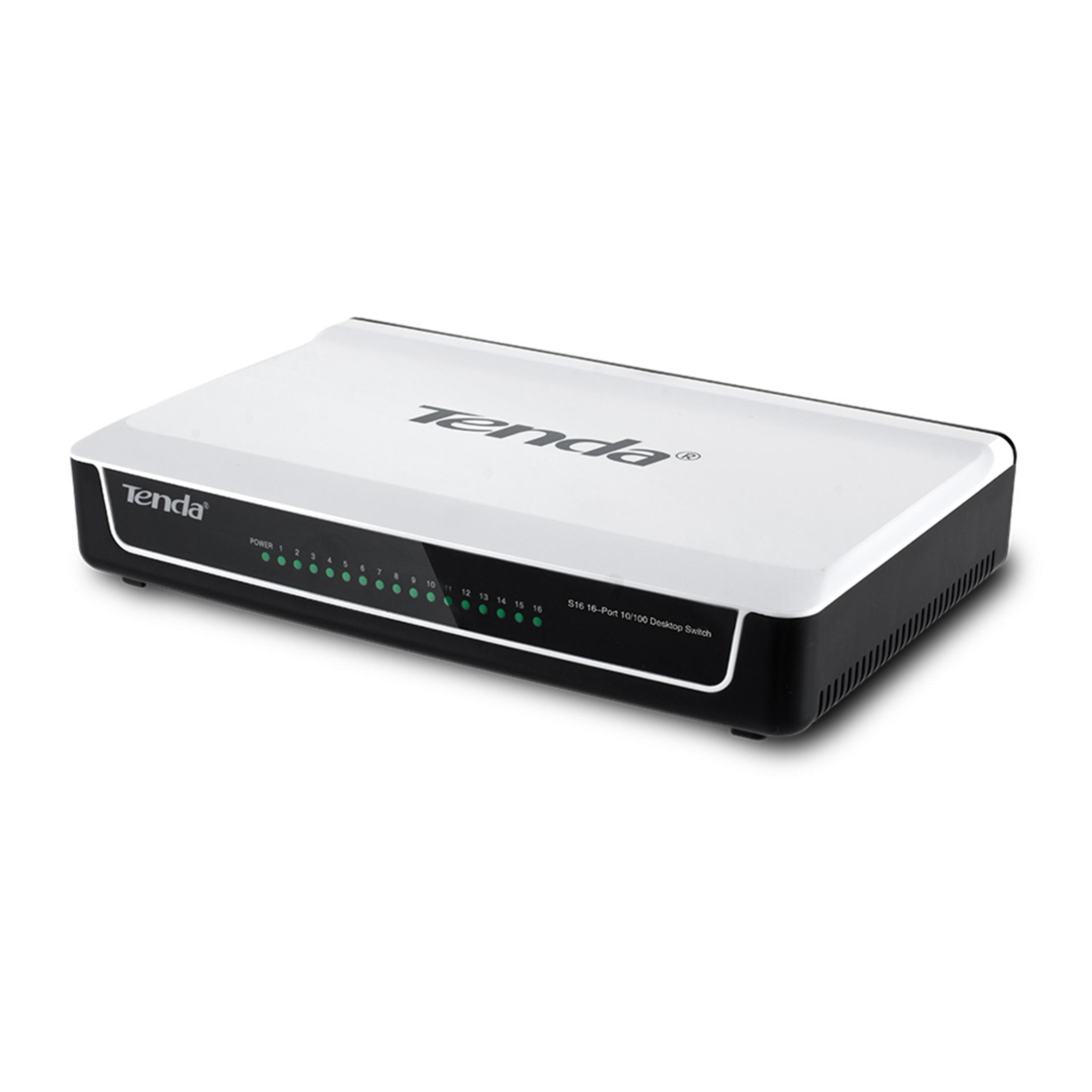 Uno switch desktop Tenda bianco a 16 porte con lati neri e LED.