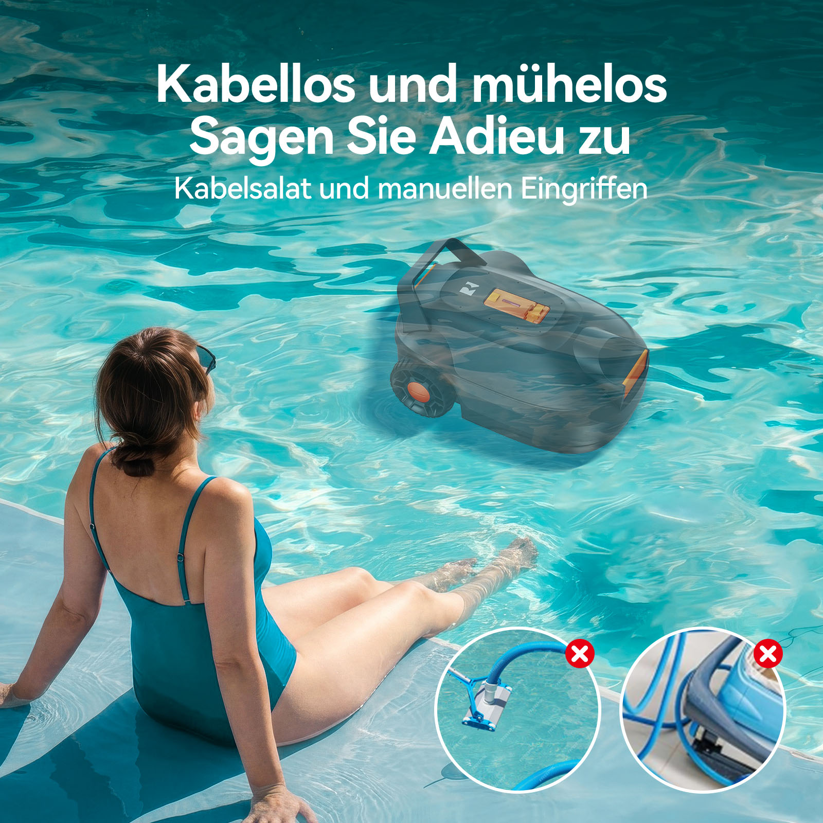 Donna in piscina accanto a un robot pulitore. Due cerchi mostrano pulitori con X rossa.