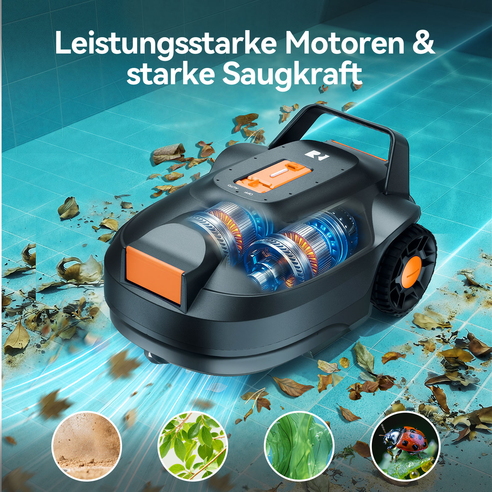 Un pulitore per piscine con motori visibili aspira foglie dal fondo piastrellato della piscina.