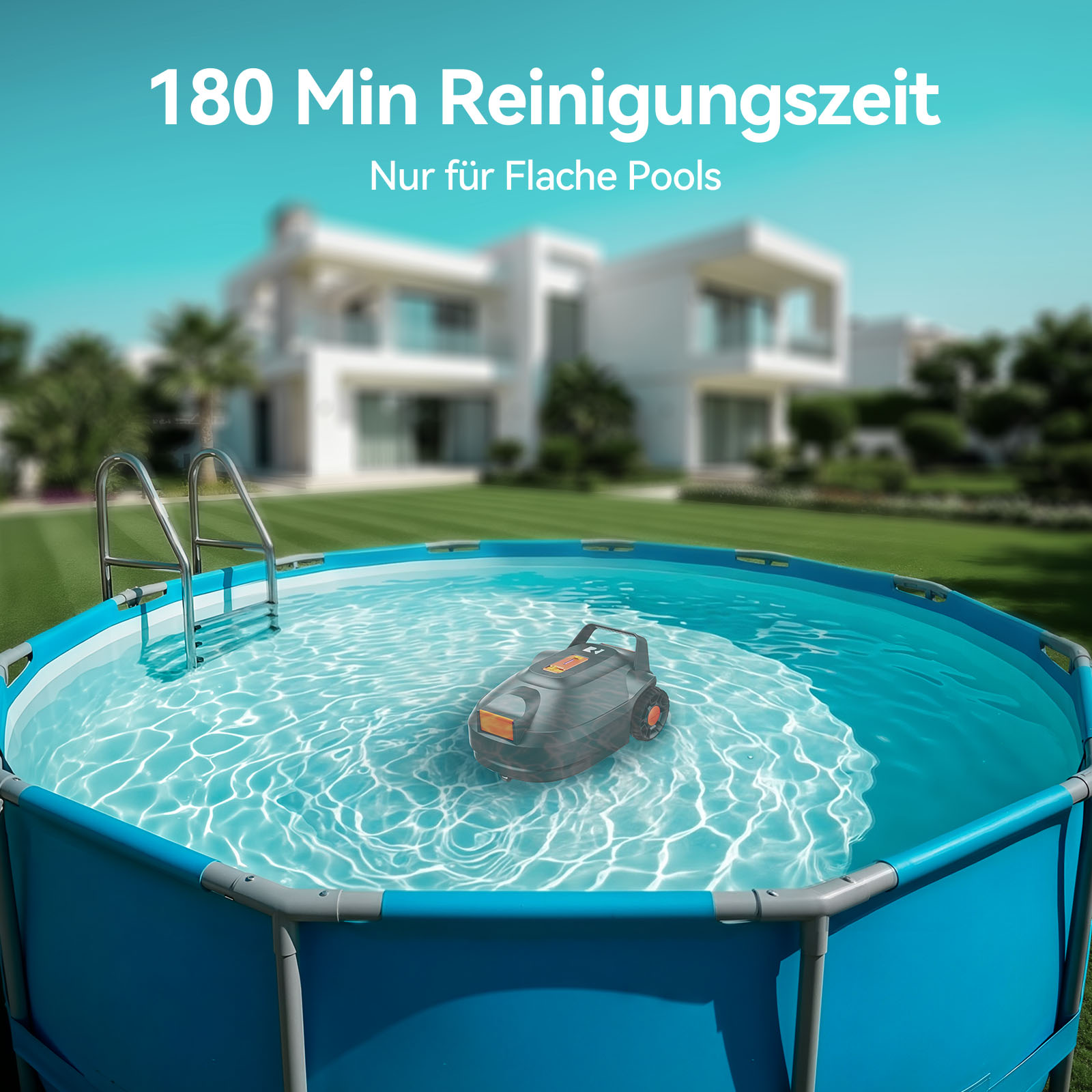 Un robot pulitore pulisce una piscina rotonda davanti a una casa moderna.