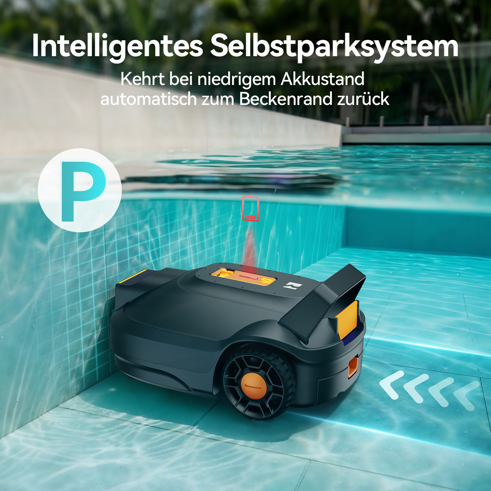 Un robot piscina guida in una piscina. Un'icona P è visibile.
