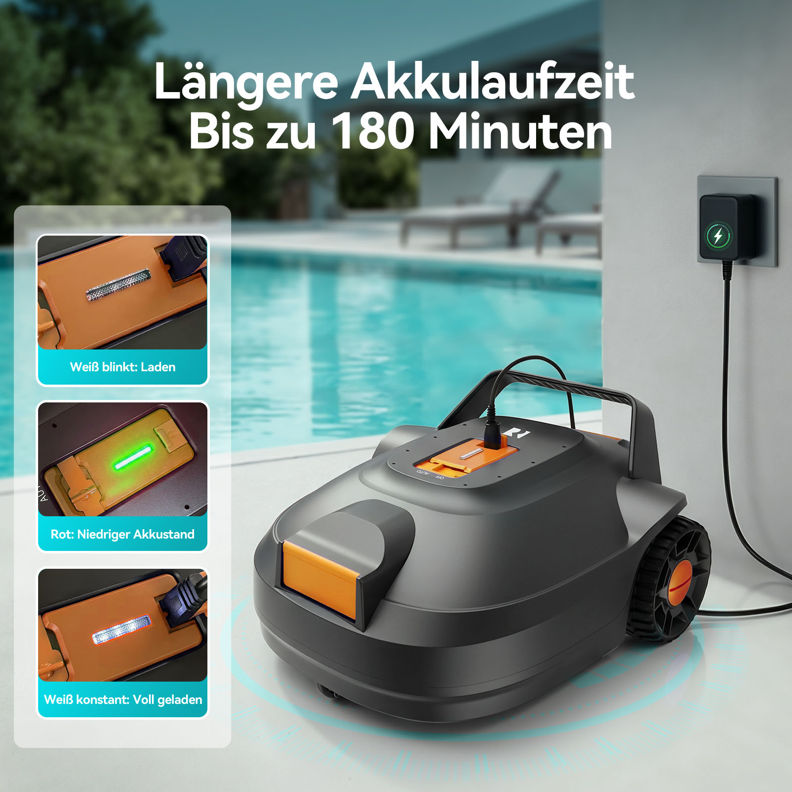 Un robot tagliaerba si ricarica vicino a una piscina, con indicatori.