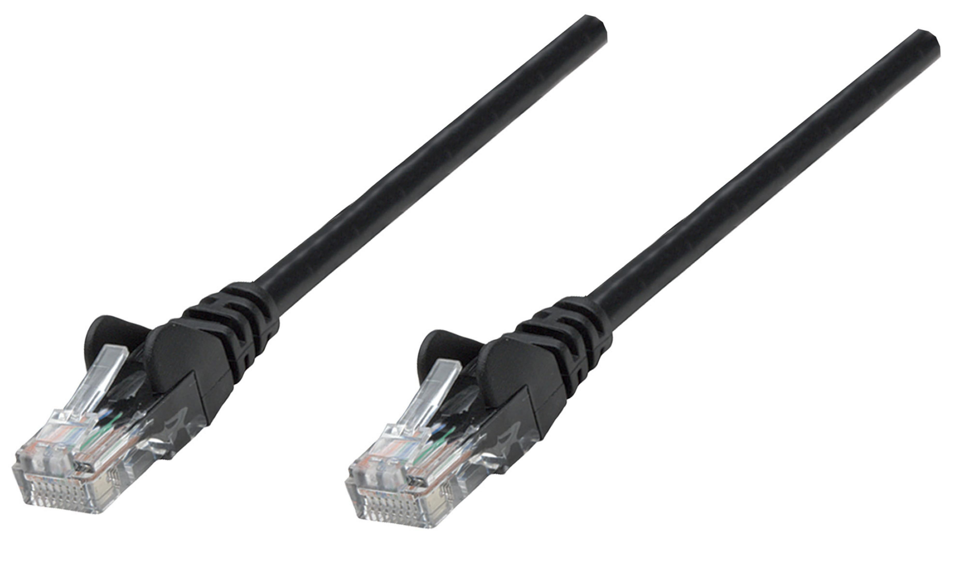 Due cavi di rete neri con connettori RJ45 trasparenti su sfondo bianco.