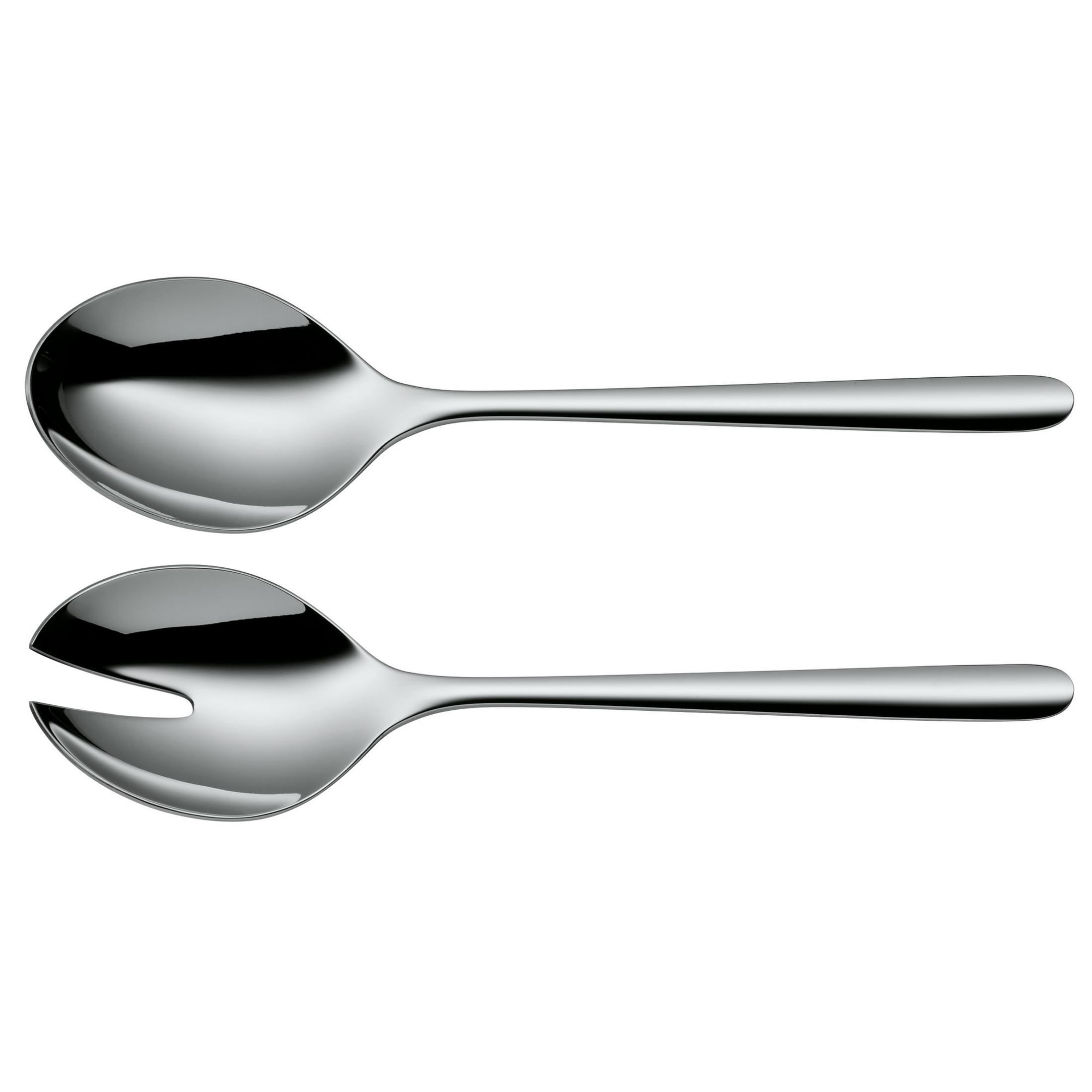 Zwei polierte Metall-Salatbesteck-Elemente auf weißem Hintergrund.