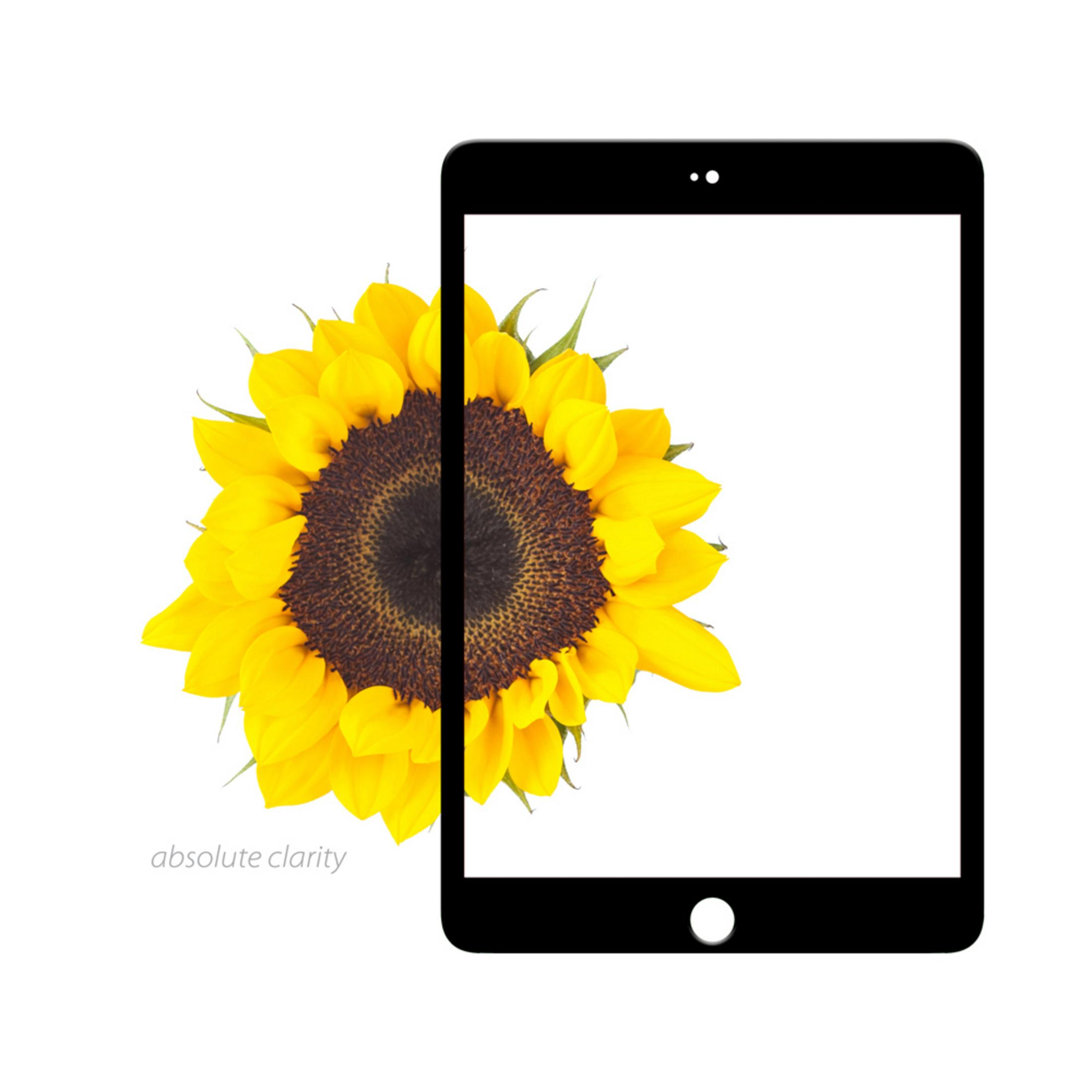 Un tablet con metà testa di girasole visibile.