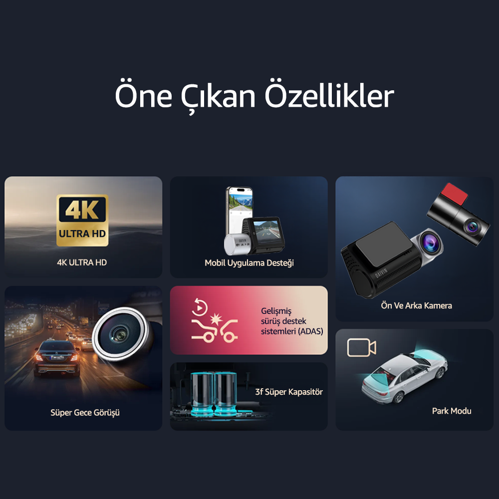 Özellikler: 4K Ultra HD, mobil uygulama desteği, ön/arka kamera, gece görüşü, ADAS, süper kapasitör.