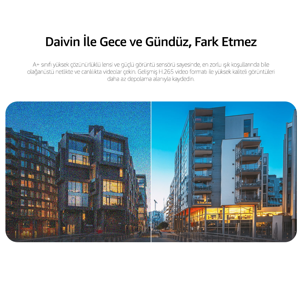 Binaların gece yan yana karşılaştırması: solda grenli, sağda net ve aydınlık.