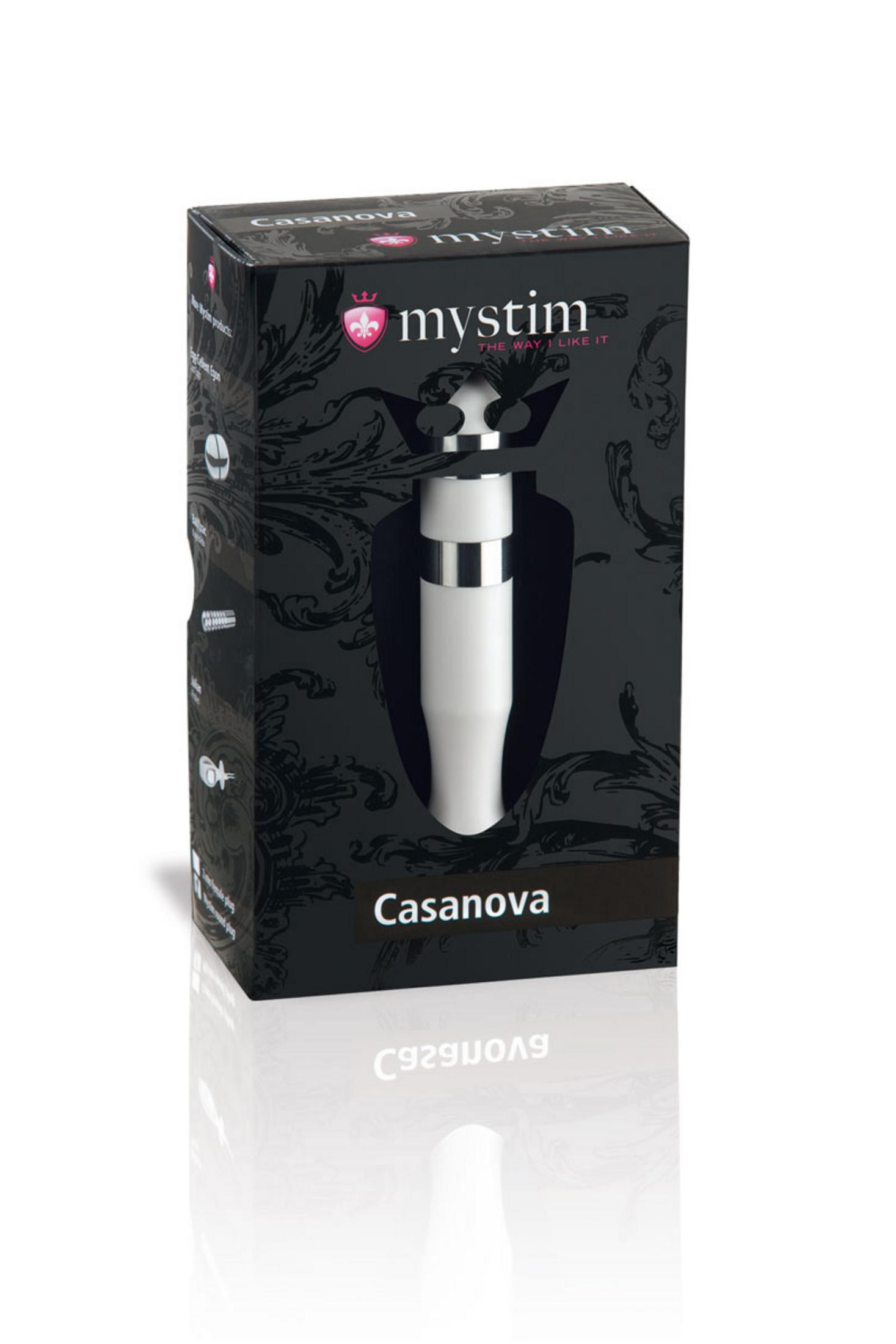 Czarne pudełko z białym produktem i logo "mystim".