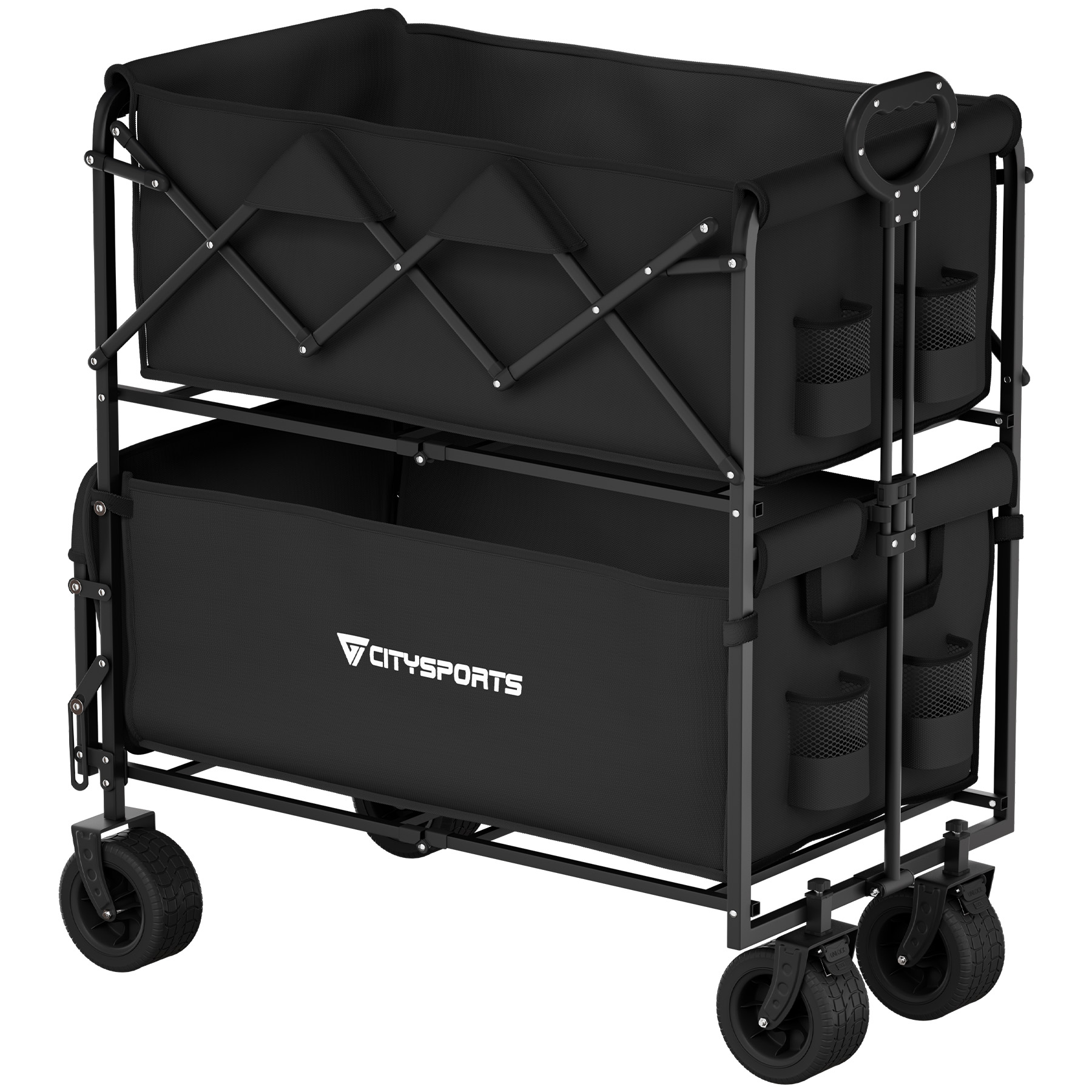 Ein schwarzer, zusammenklappbarer Outdoor-Wagen mit zwei Ebenen und Rädern.
