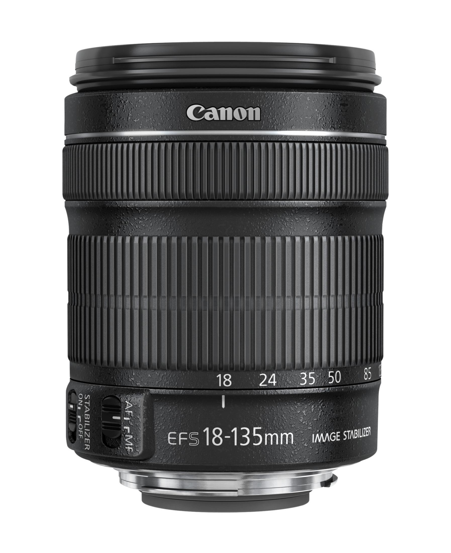 Obiettivo Canon EFS 18-135mm nero con ghiera zoom e interruttori.