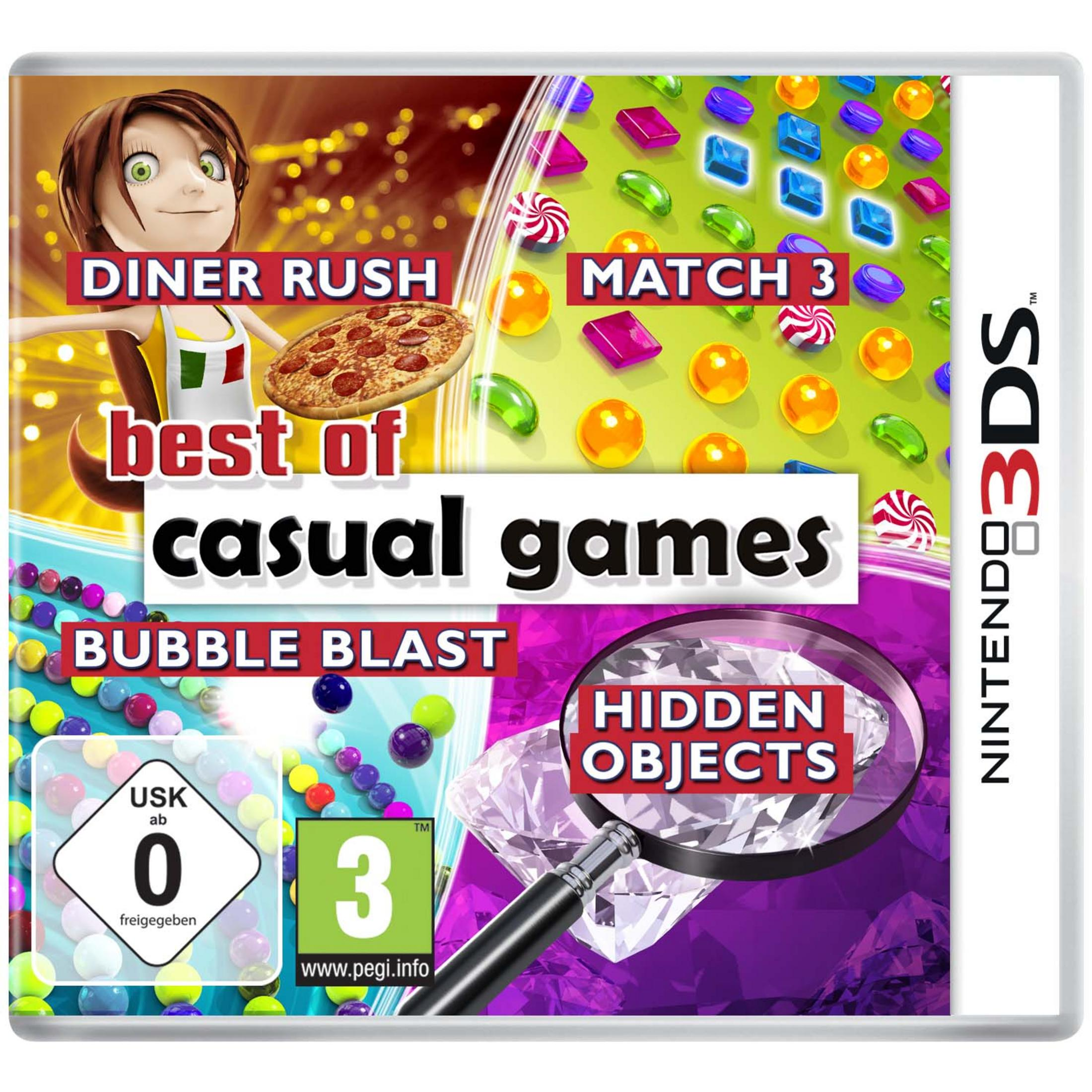 Nintendo 3DS Hülle mit Spielen: Diner Rush, Match 3, Bubble Blast, Hidden Objects.