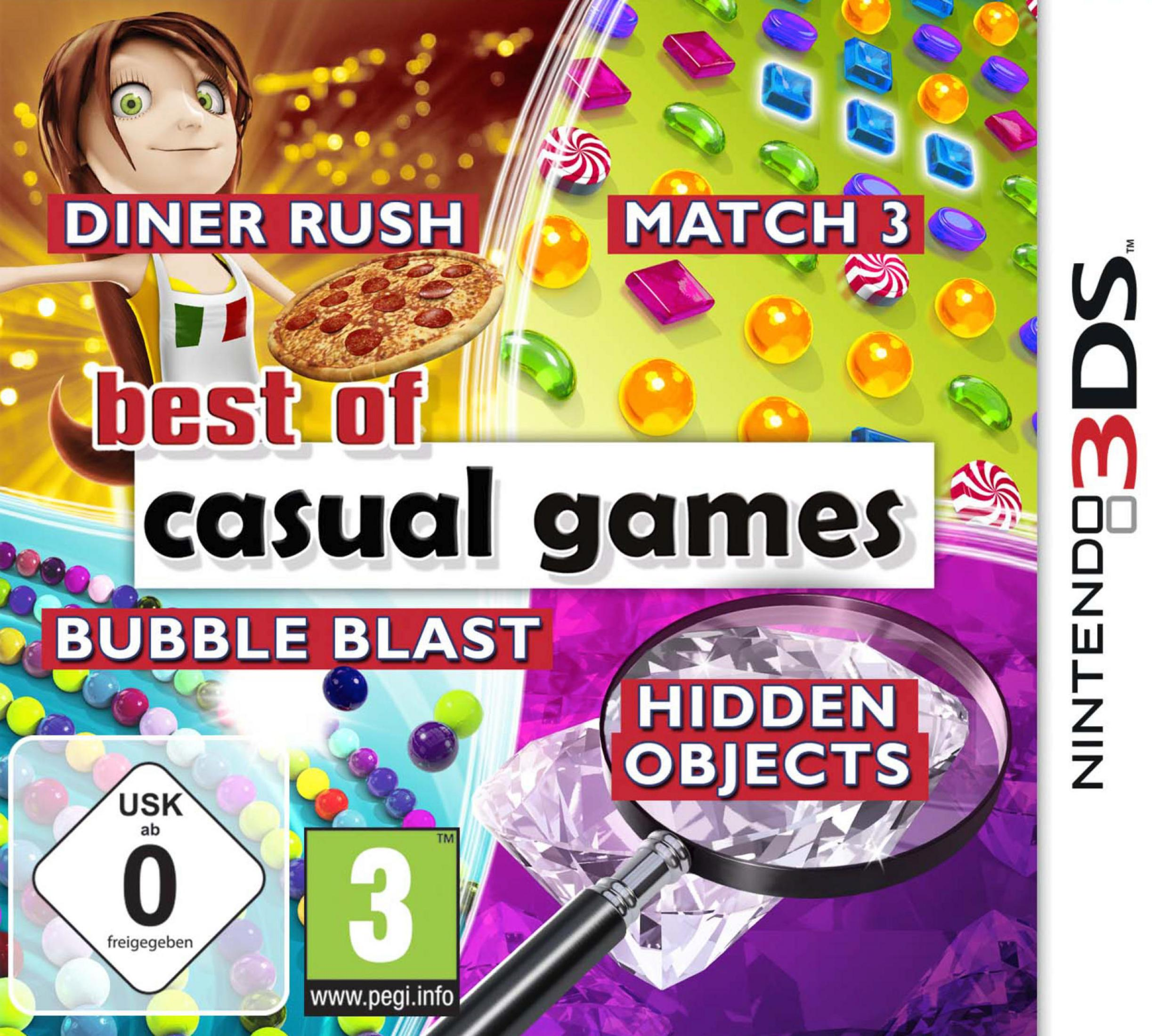 Spielcover mit Charakter, Pizza, Süßigkeiten und Edelsteinen. Enthält Spieltitel.