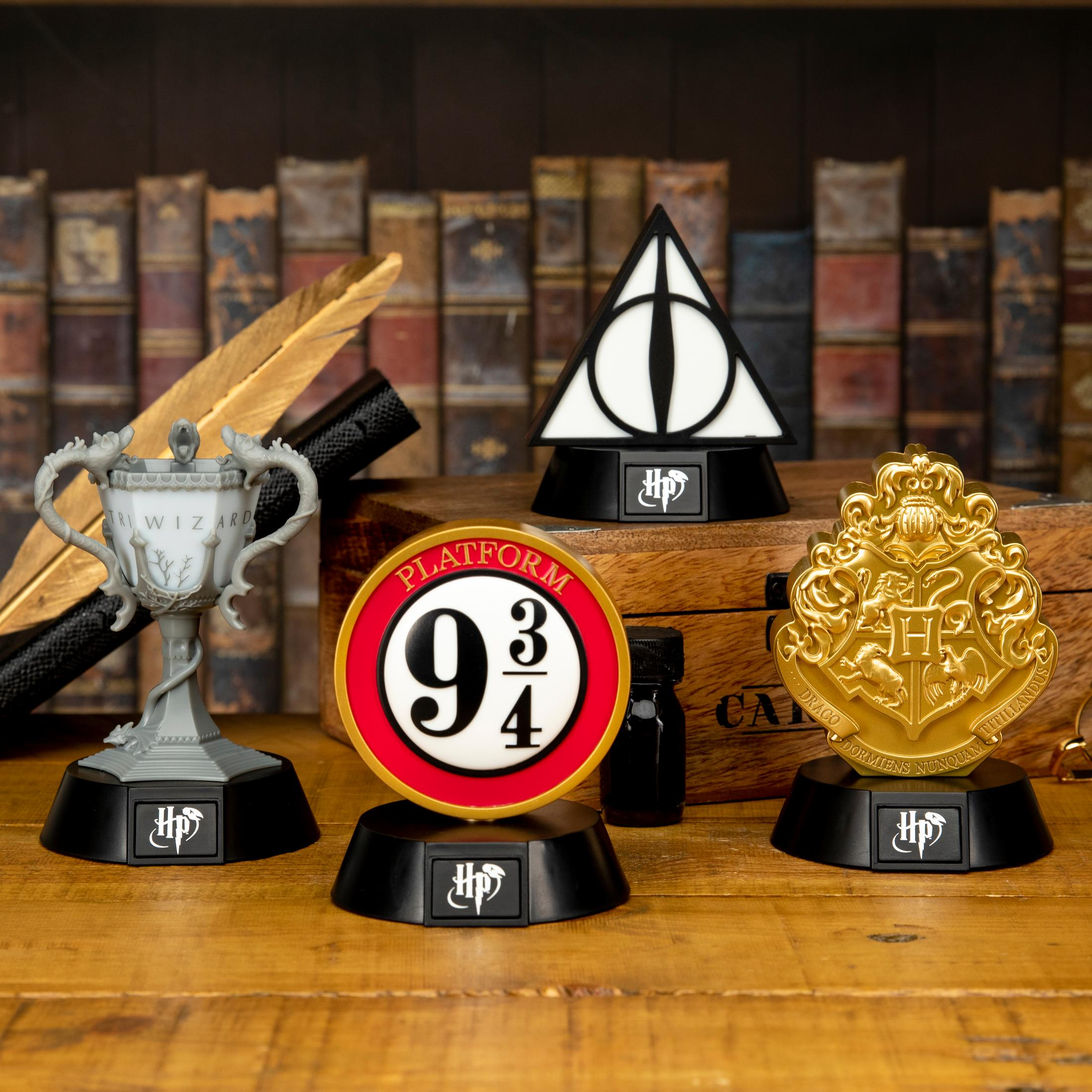 Vier Harry Potter-Requisiten stehen auf einem Holztisch vor Büchern.