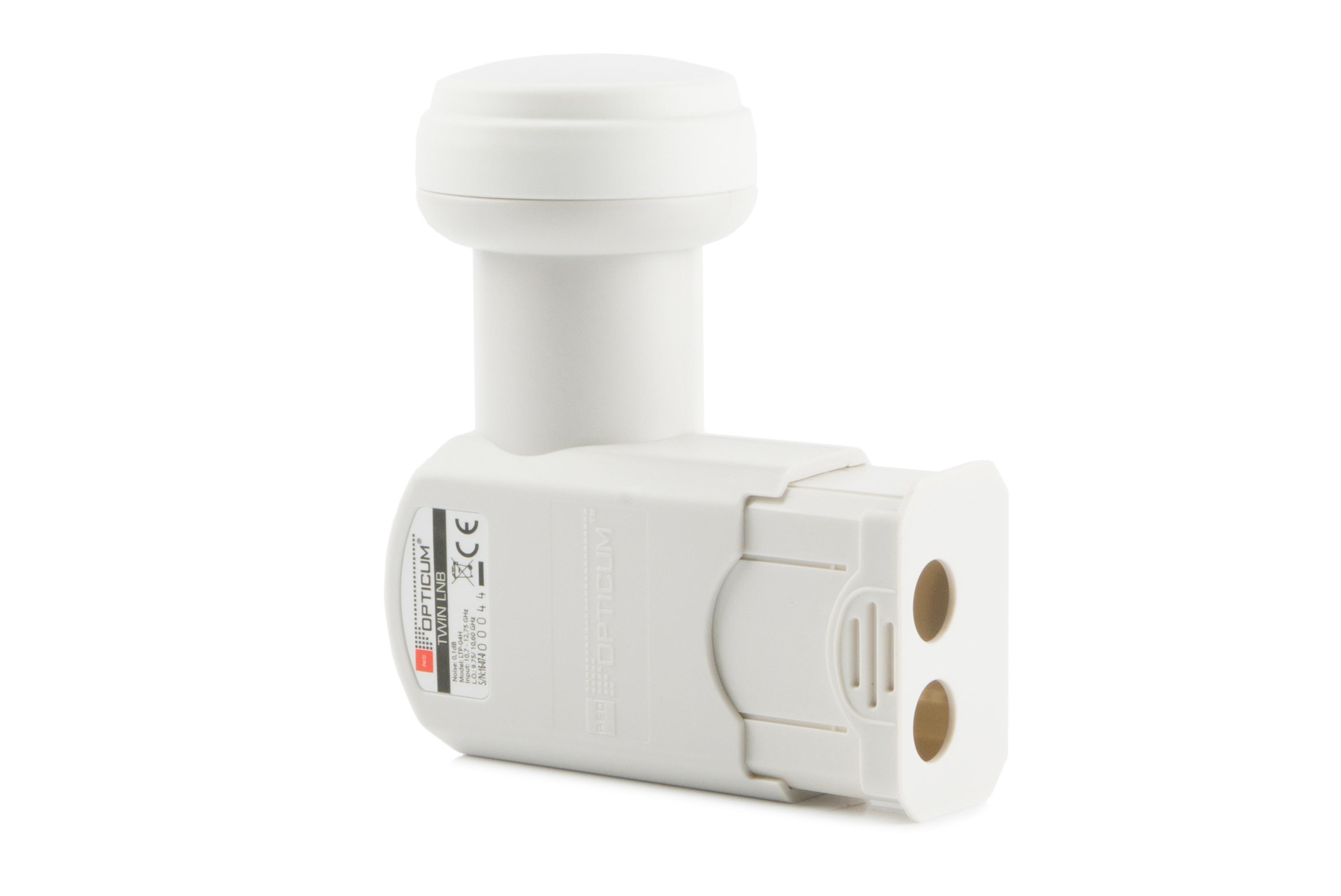 Ein weißer Satelliten-LNB mit zwei Anschlüssen und Beschriftung.