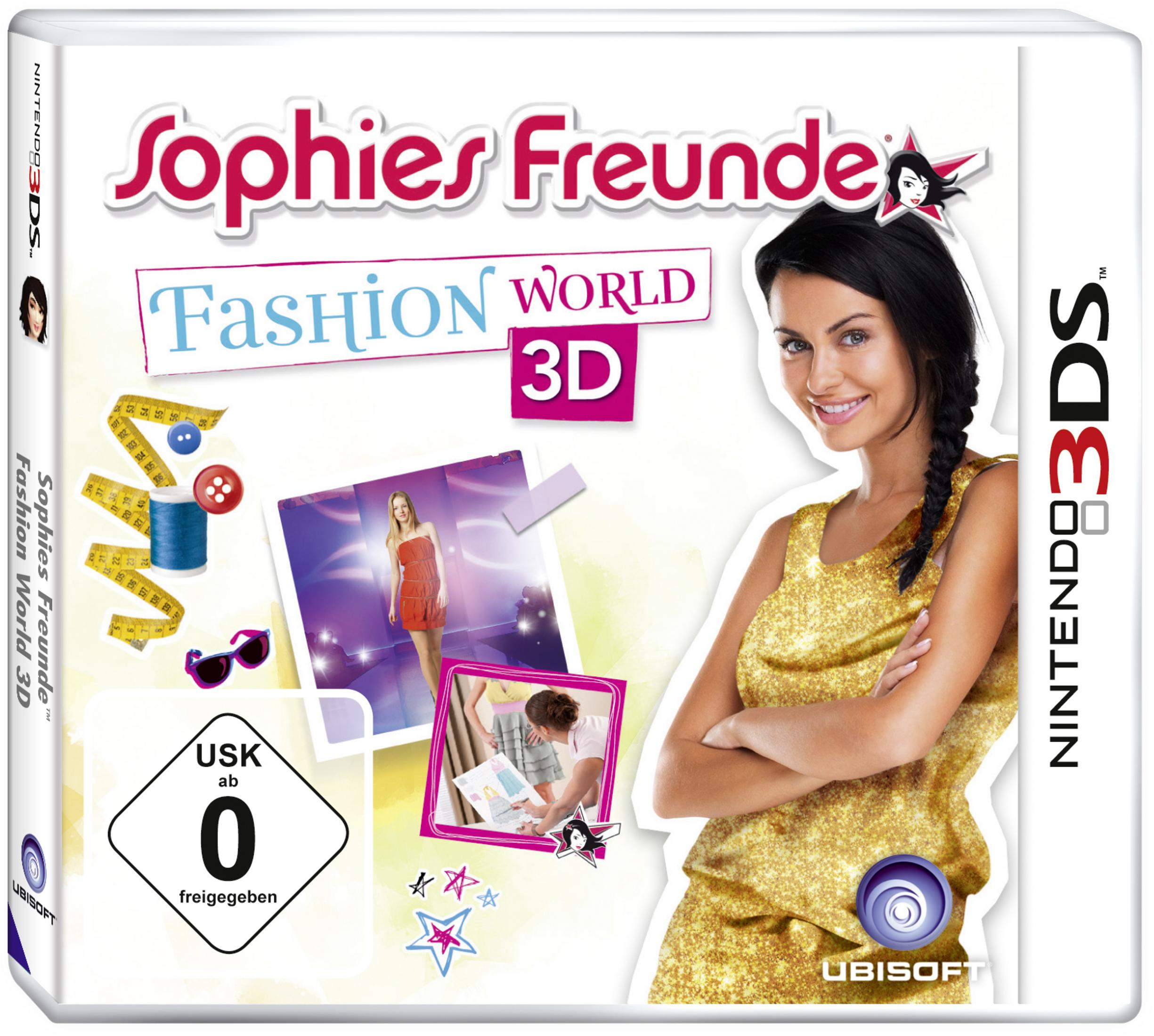 Spielcover: Junge Frau in Glitzerkleid, NINTENDO 3DS Logo, Spieltitel 'Sophies Freunde Fashion World 3D'.