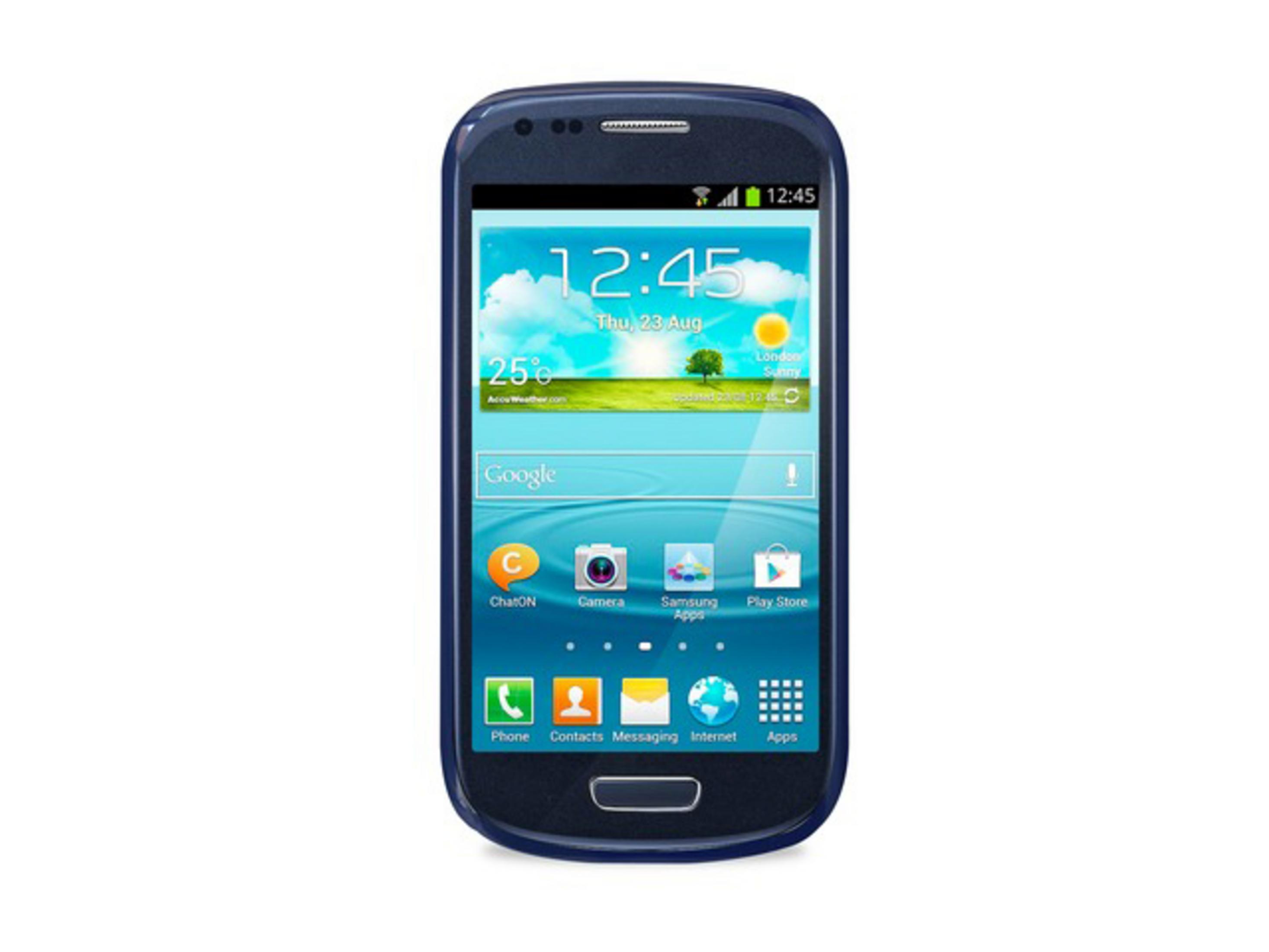 Uno smartphone blu scuro che mostra app e meteo sul suo schermo.