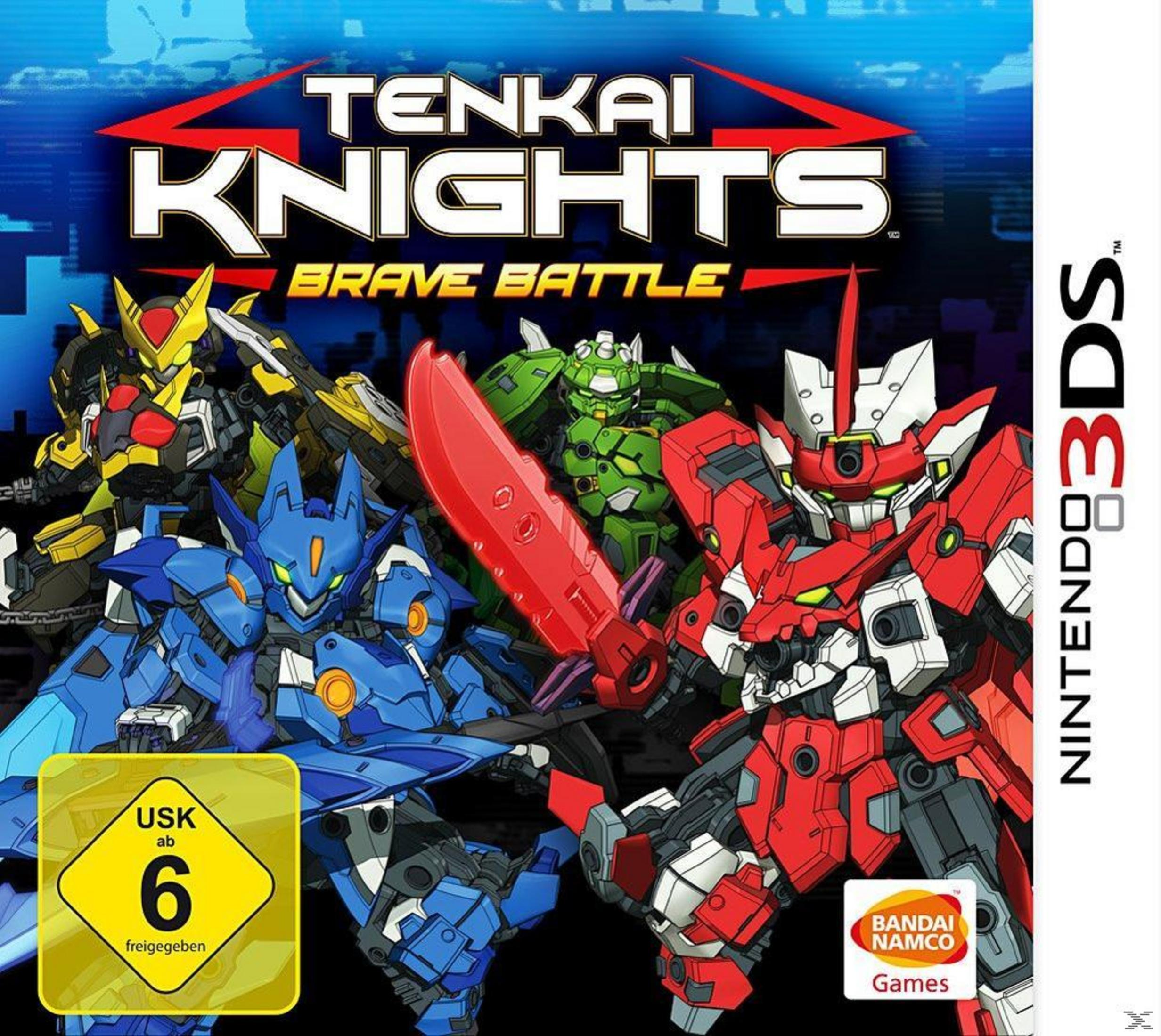Vier Tenkai Knights Roboter in Rot, Blau, Grün und Gelb mit Waffen. Nintendo 3DS Logo.
