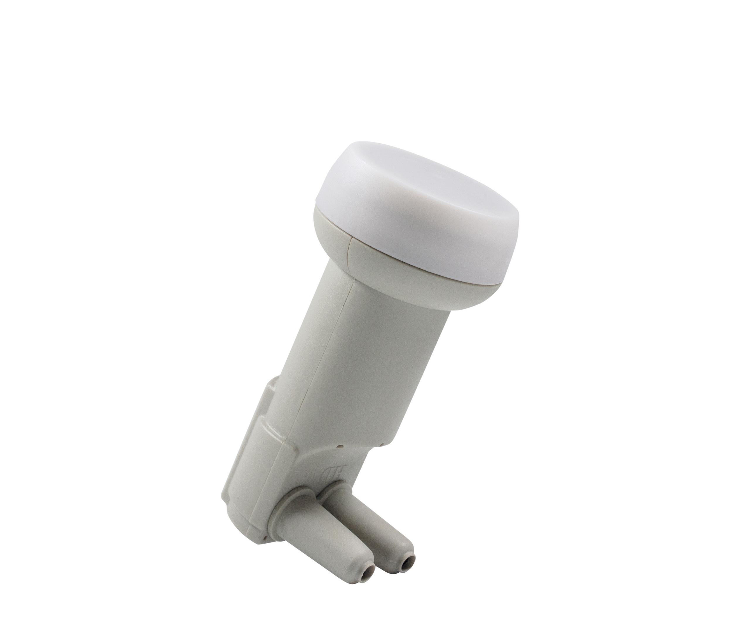 Ein grauer LNB mit weißer Kappe und zwei Anschlüssen.