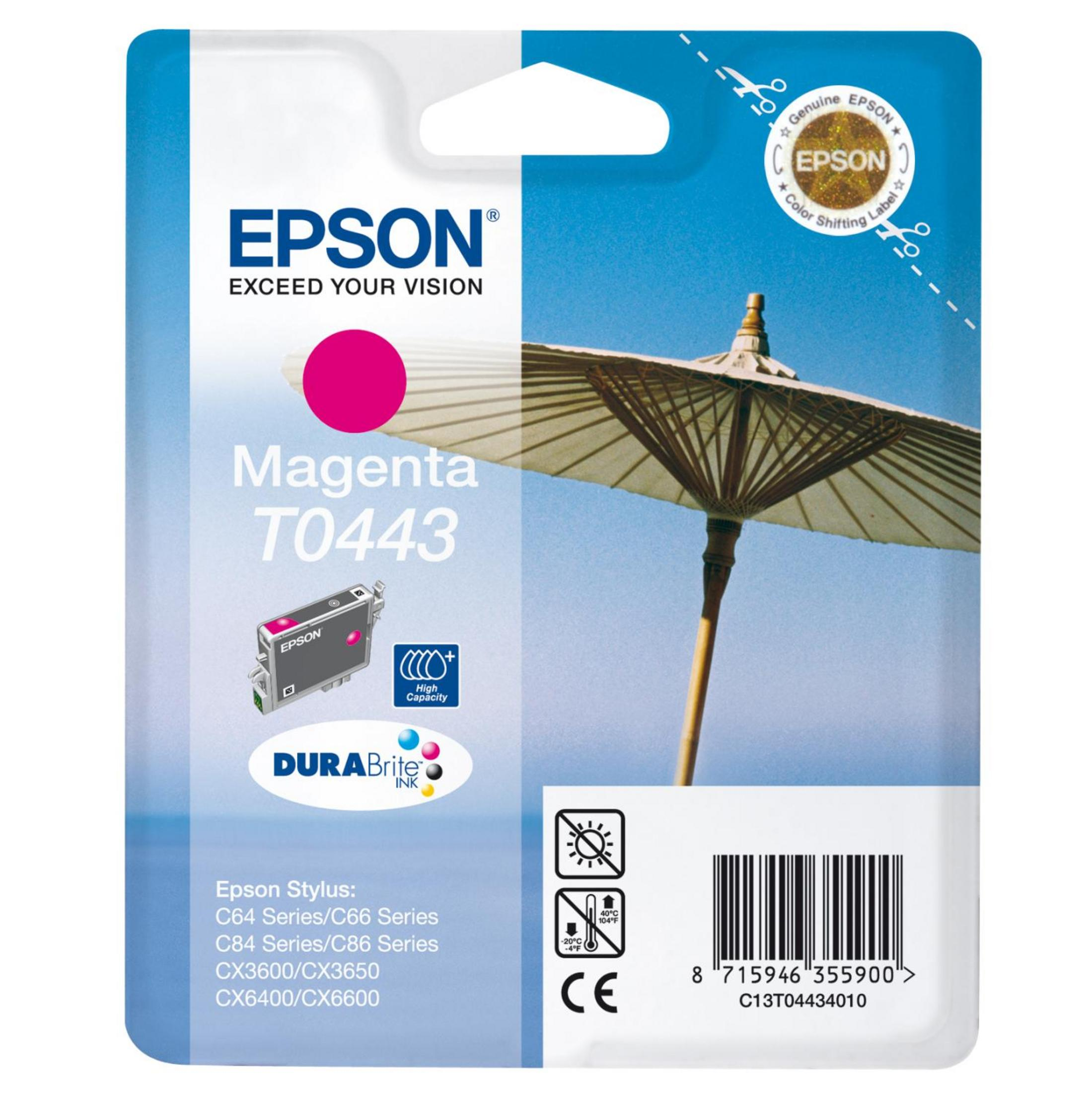 Epson Magenta T0443 Tintenpatrone mit "DURABrite" und "High Capacity" Aufschriften.