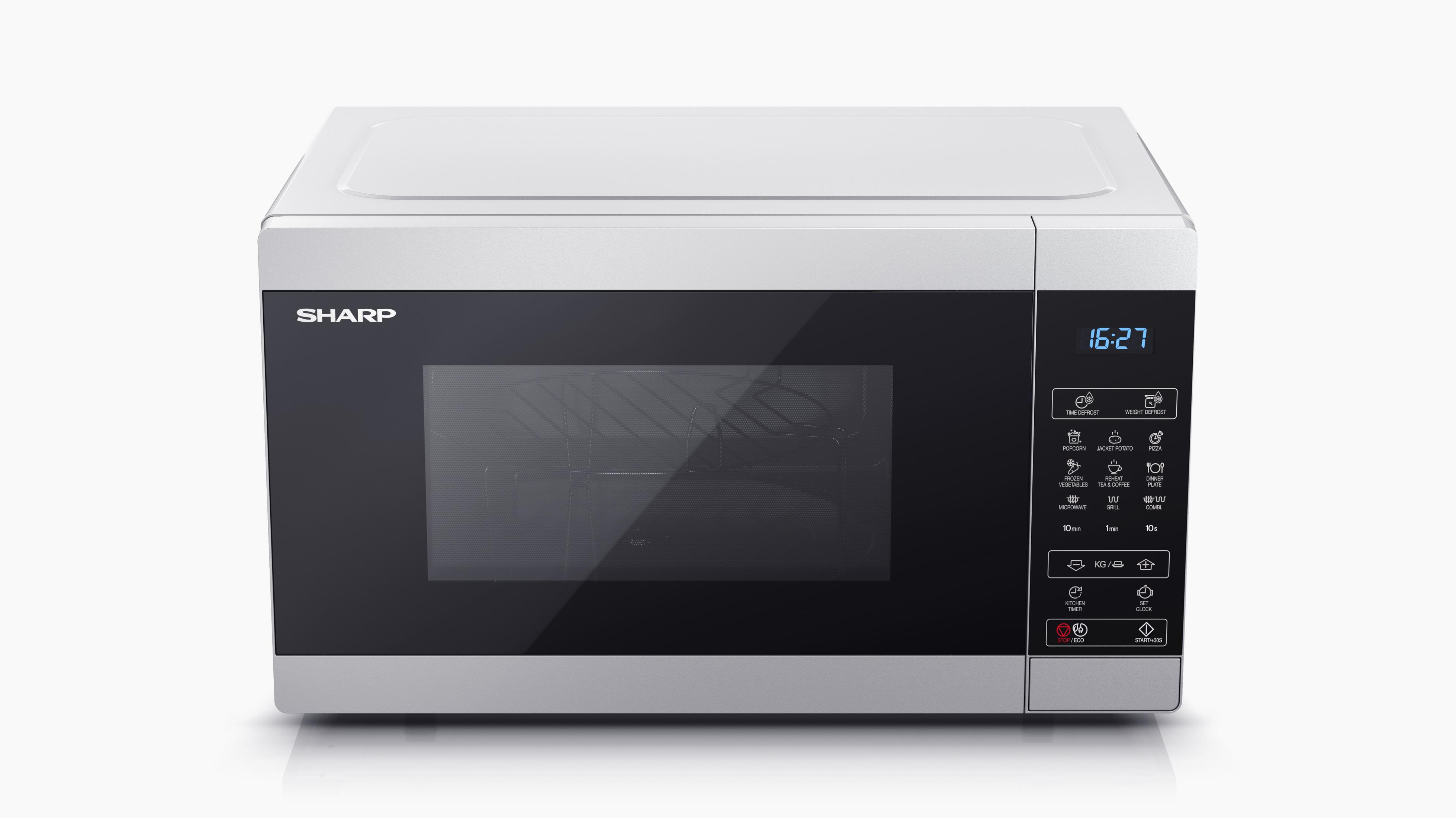 Microondas Sharp plateado con puerta negra y panel de control. Hora actual 16:27.