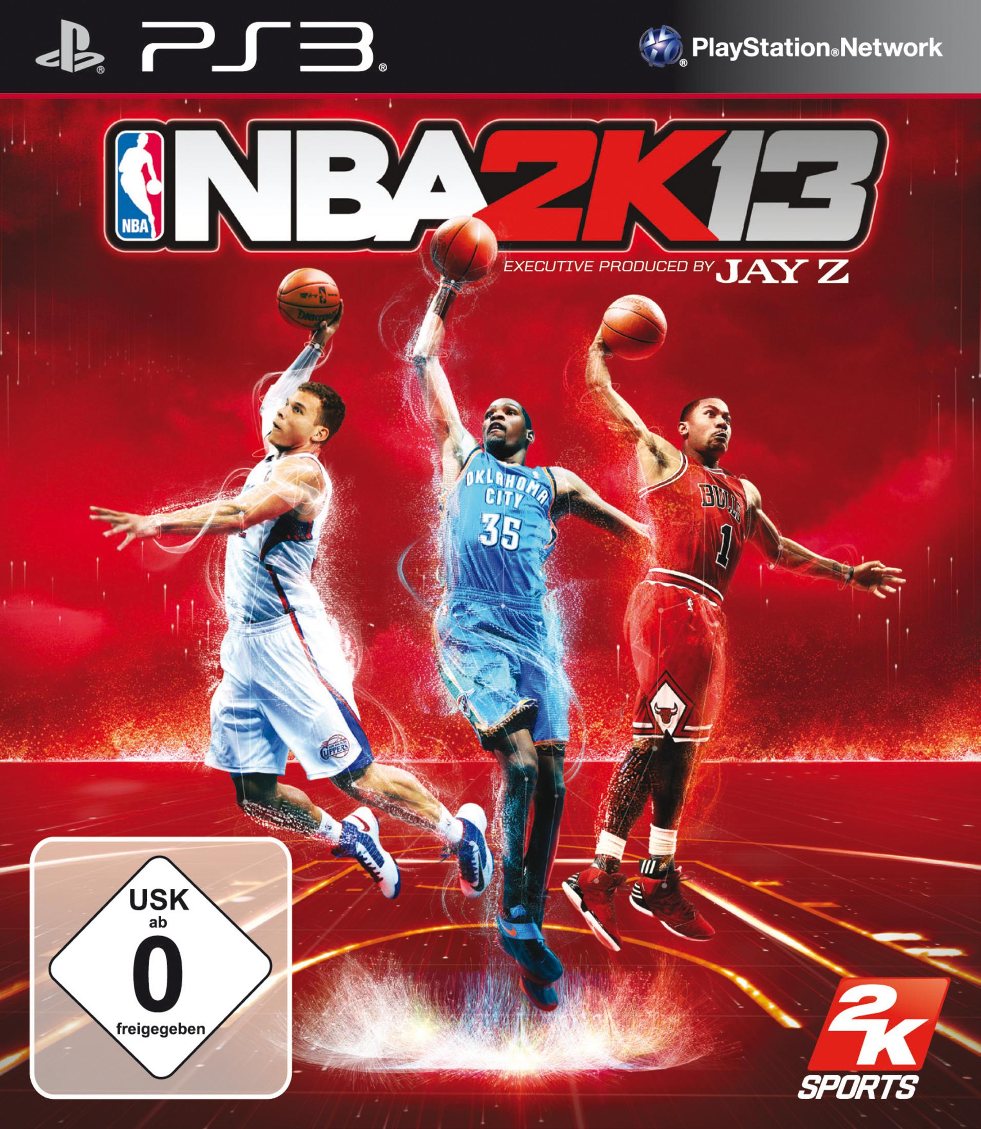 NBA 2K13 Cover: Drei Basketballspieler springen, LeBron James, Kevin Durant, Derrick Rose.