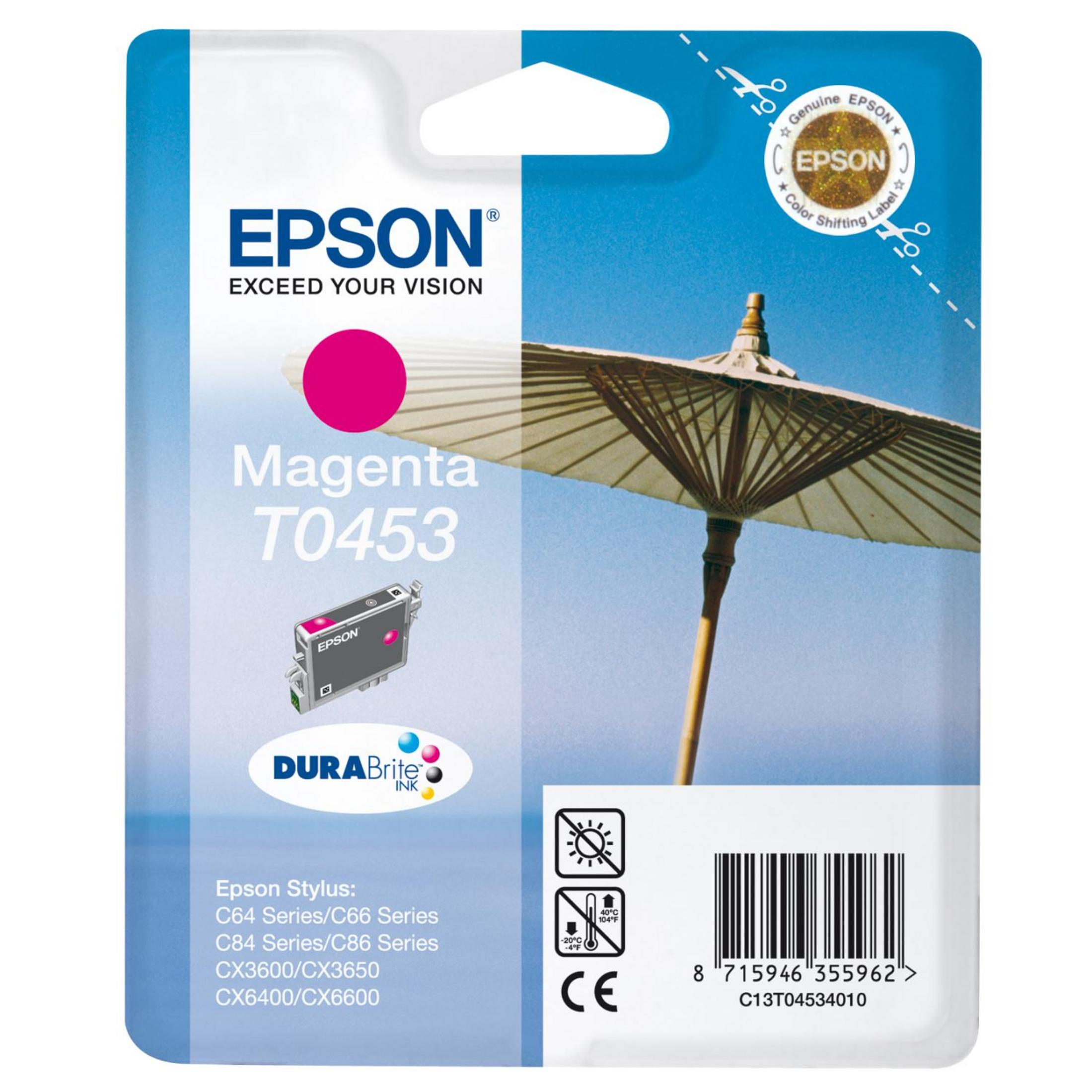 Epson Magenta T0453 Tintenpatrone mit Beschreibung und einem Sonnenschirm im Hintergrund.