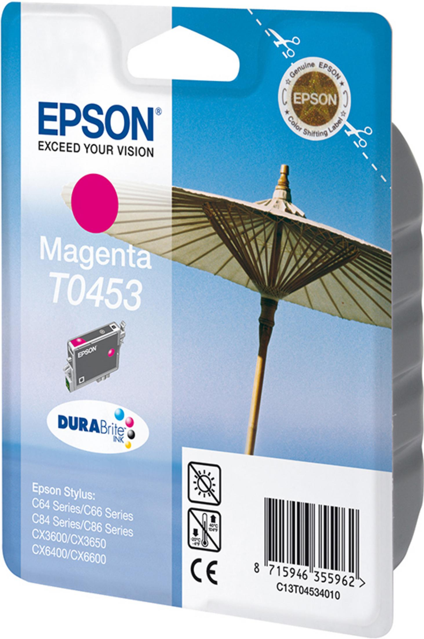 Epson Magenta T0453 Tintenpatrone mit Epson Logo und einem Sonnenschirm im Hintergrund.