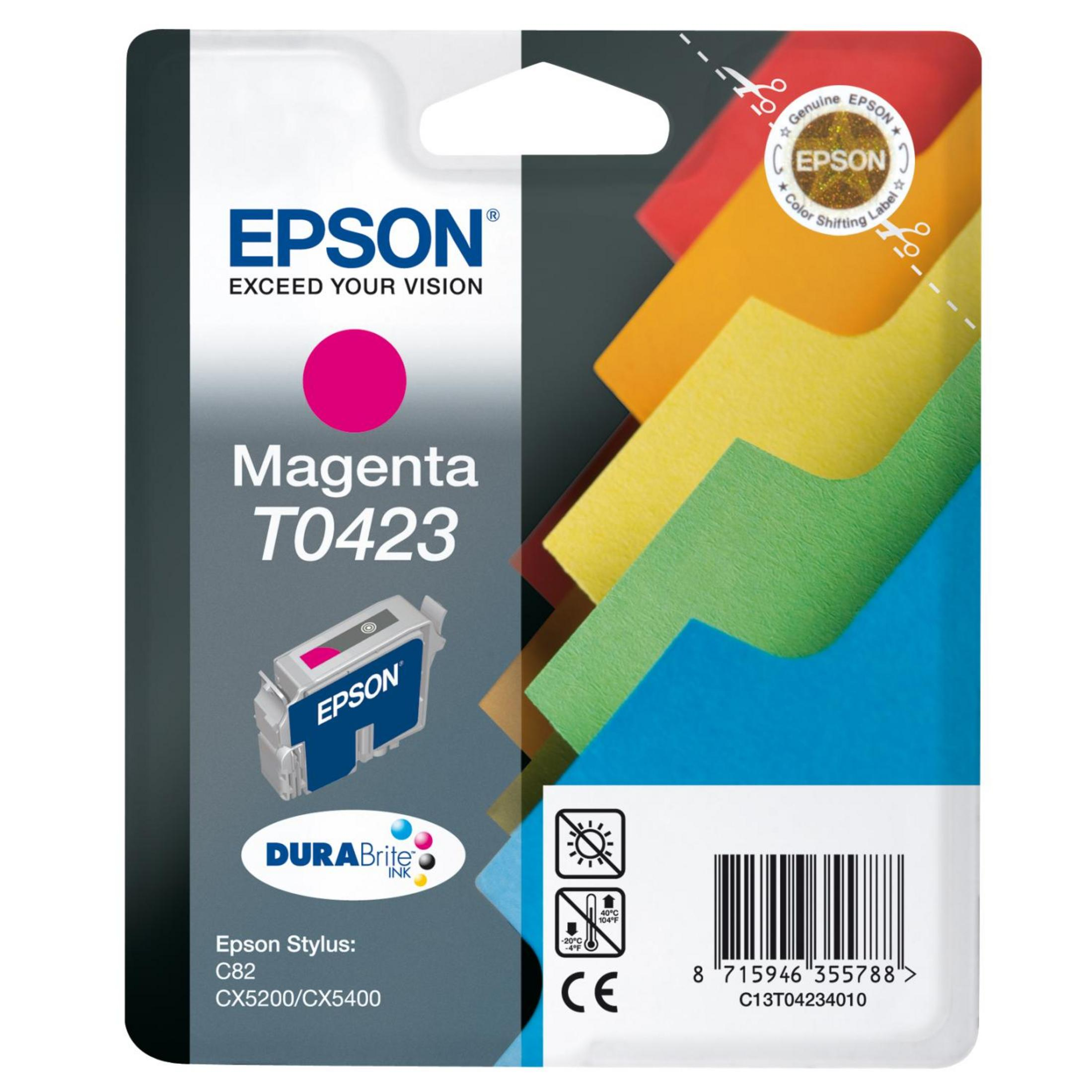 Epson Magenta T0423 Tinte mit Epson Logo und Barcode auf Verpackung.
