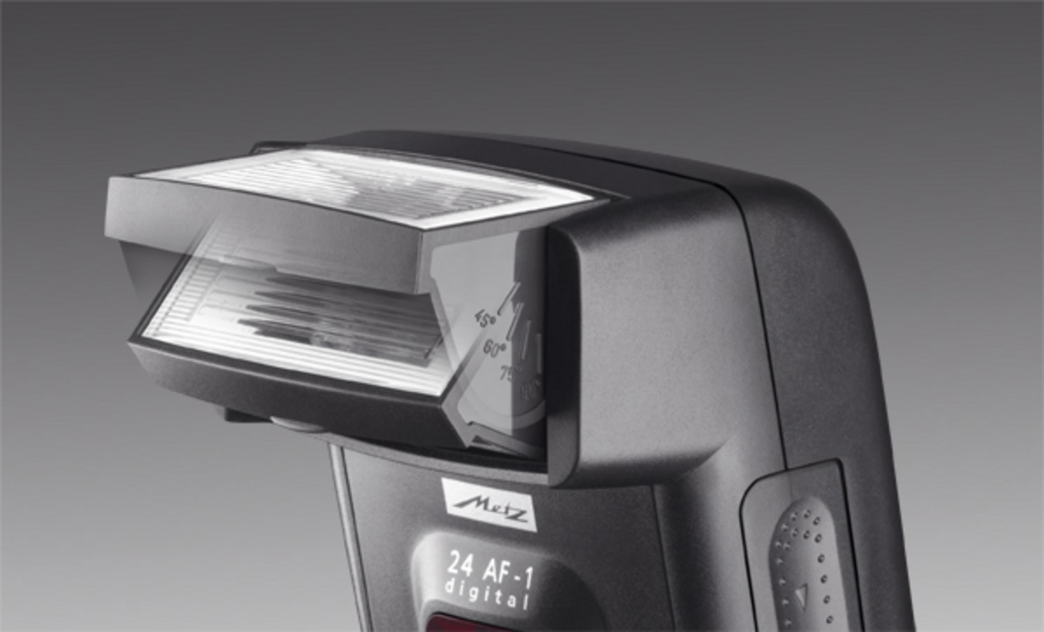 Ein schwarzes Metz 24 AF-1 Digital Kamerablitzgerät mit ausklappbarem Diffusor.