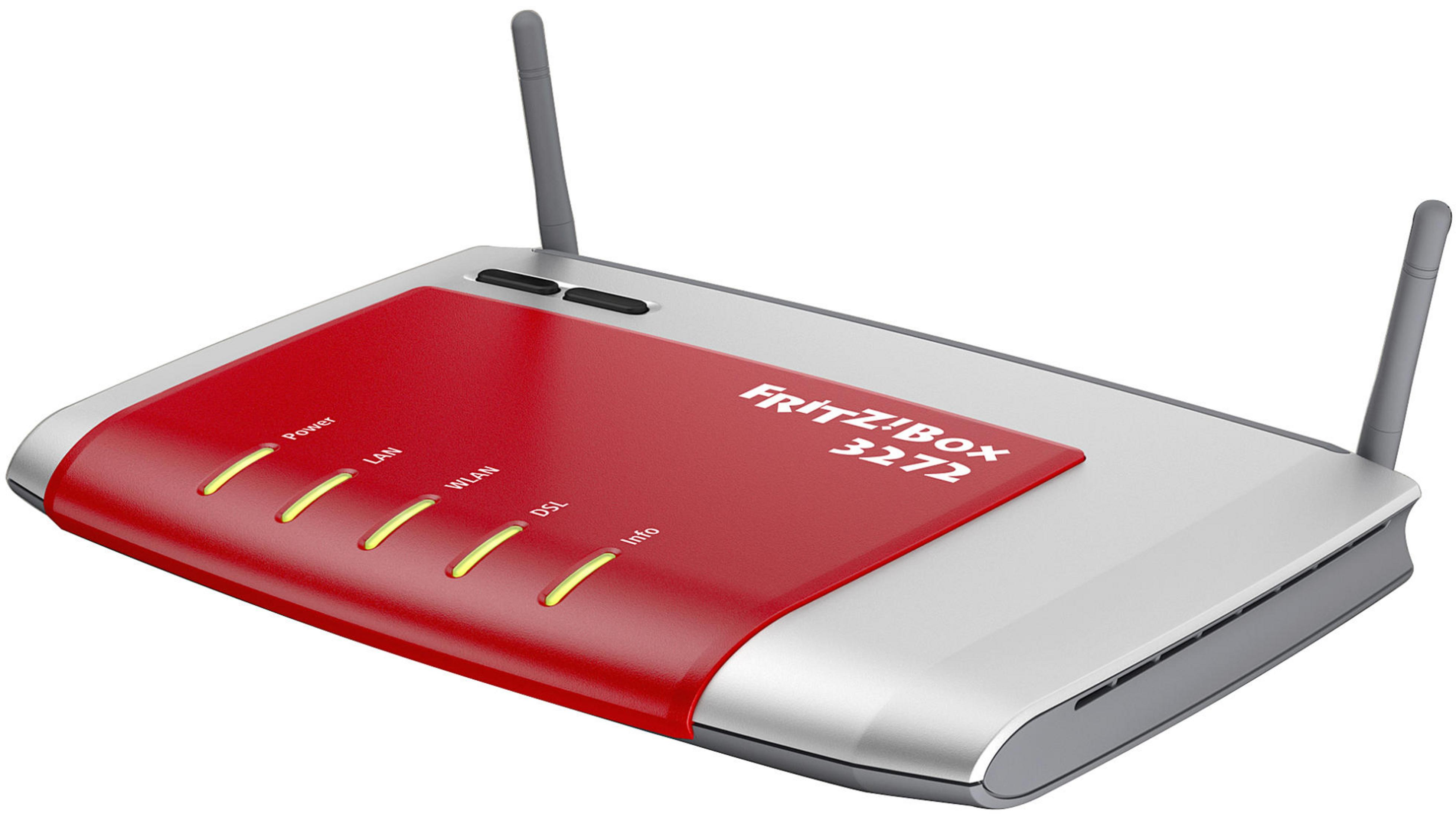 Ein roter und silberner Fritz!Box 3272 Router mit Antennen und Statusleuchten.