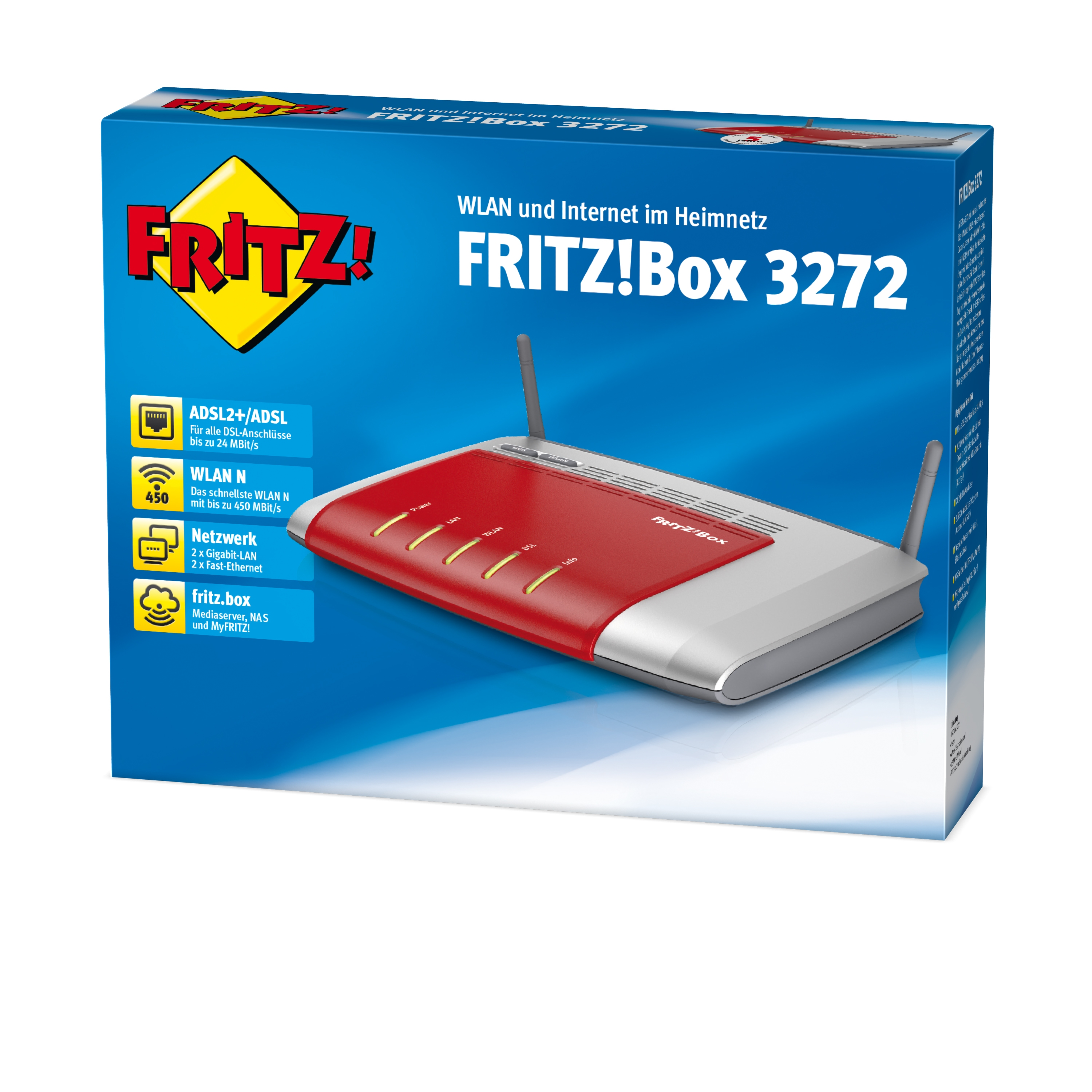 FRITZ!Box 3272 Router-Verpackung mit Produktabbildung und technischen Details.