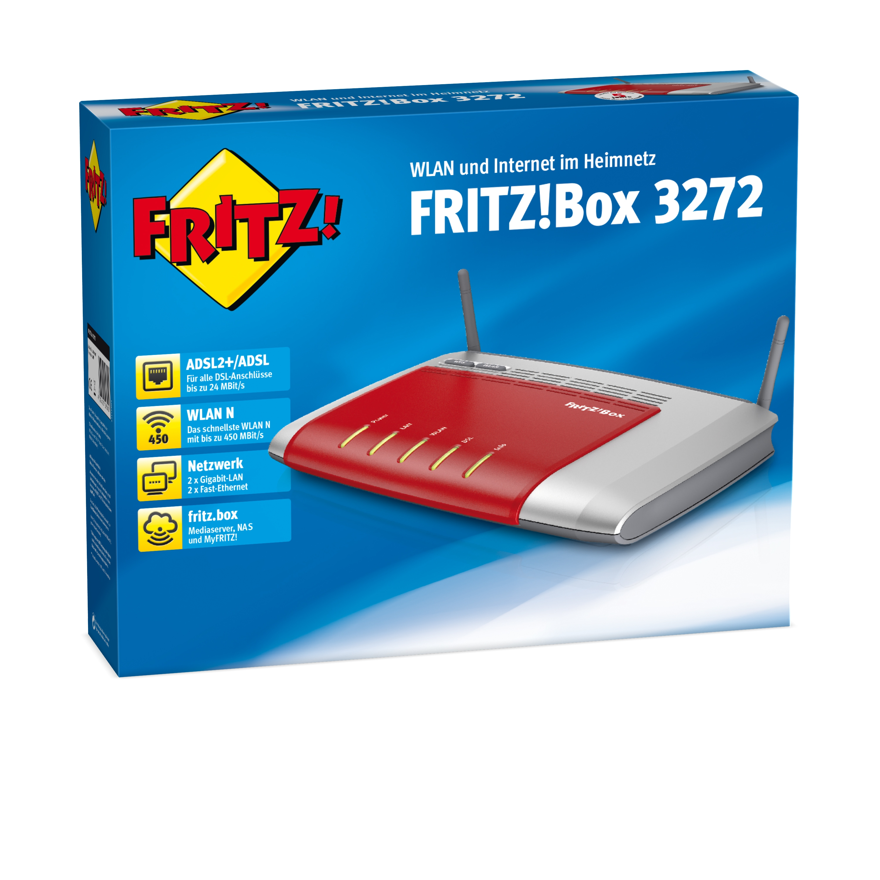 Verpackung eines roten und silbernen FRITZ!Box 3272 Routers mit Antennen.