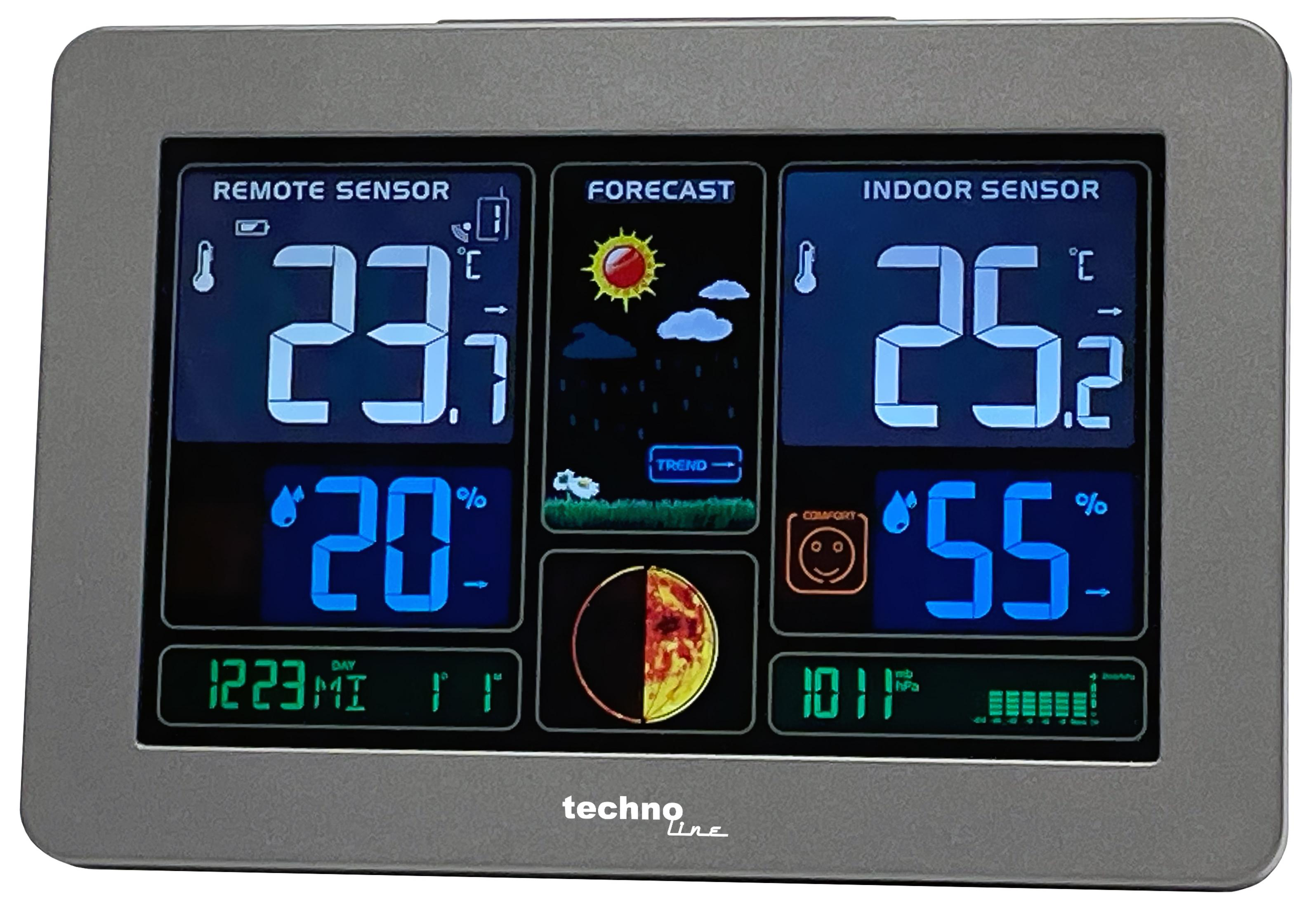 Digitales Wettercenter zeigt Temperatur, Luftfeuchtigkeit und Vorhersage.