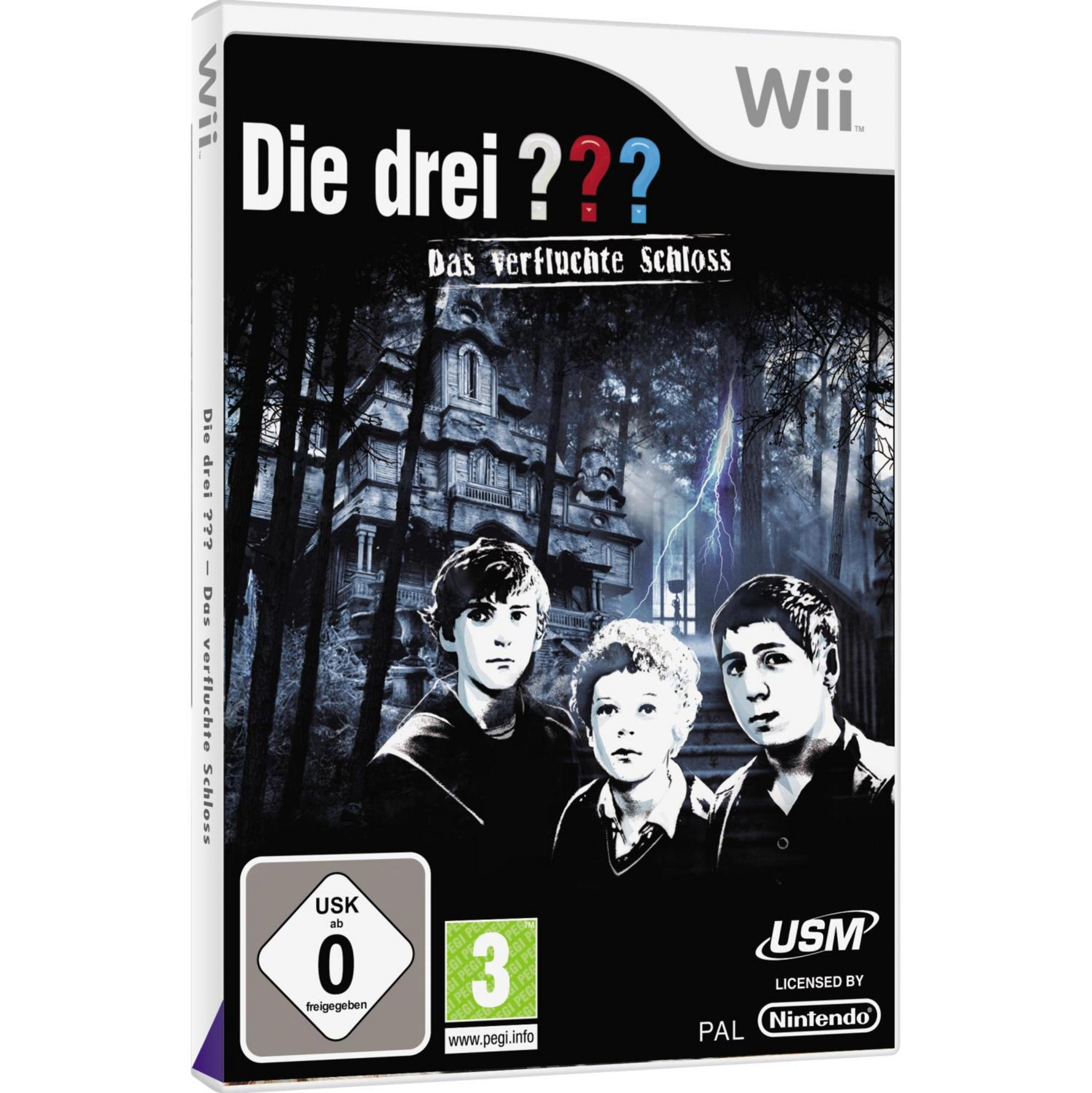 Wii-Spiel "Die drei ??? - Das verfluchte Schloss" mit drei Jungen vor einem Schloss.