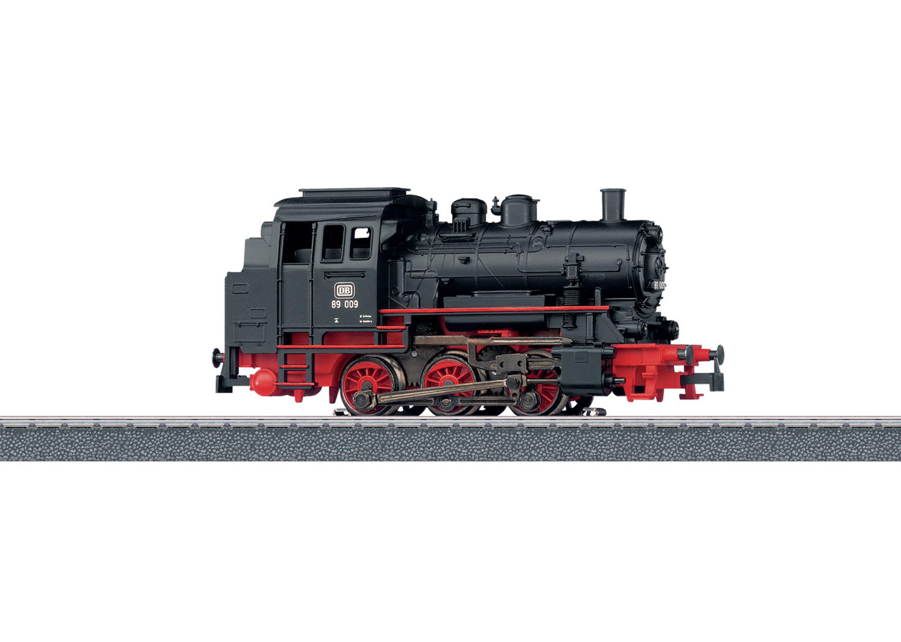 Schwarze Dampflokomotive mit roten Rädern auf Gleisen, DB 89 009.