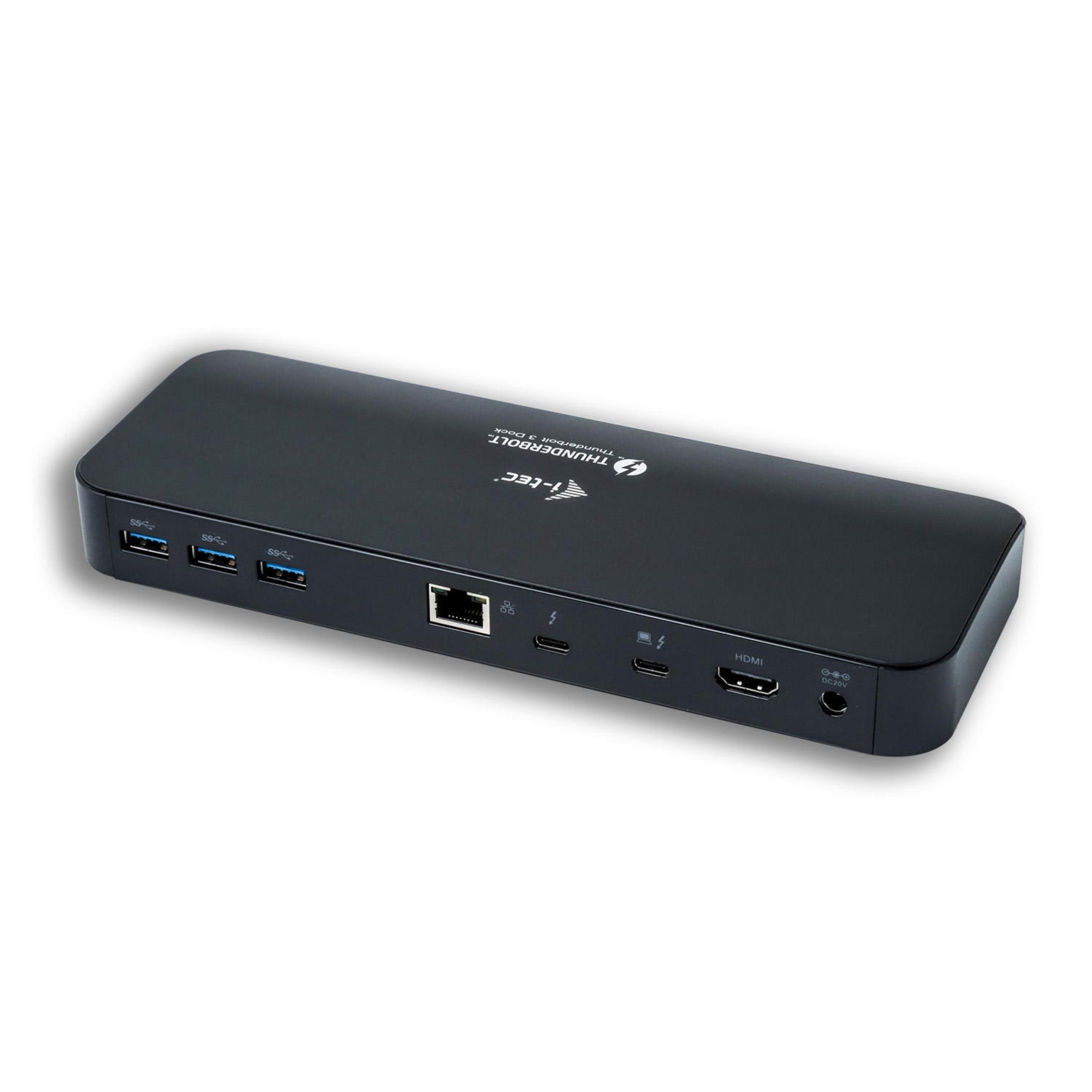 Schwarzer Thunderbolt 3 Dock mit USB, Ethernet, HDMI und Stromanschluss.