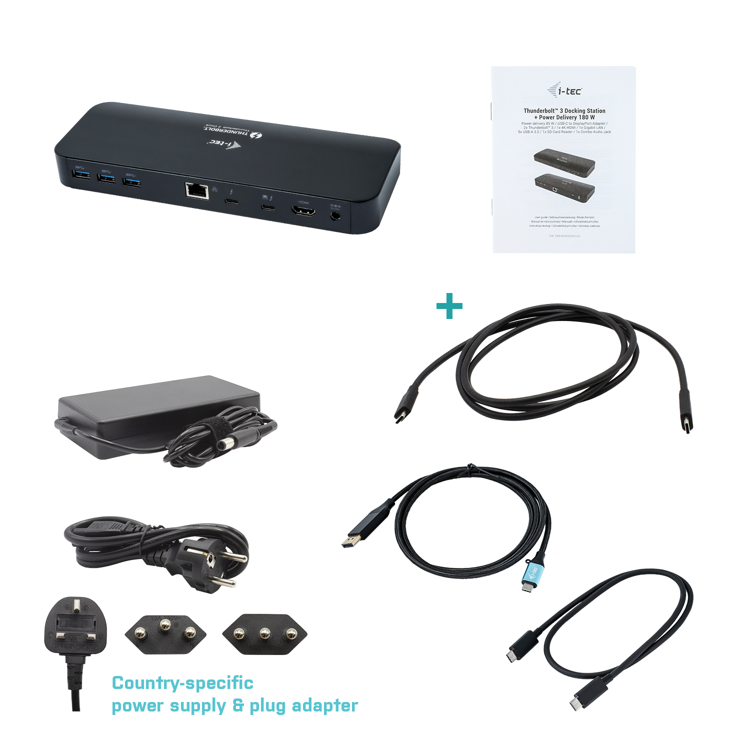 Ein schwarzer Thunderbolt 3 Dock, Netzteil, Kabel und Steckeradapter.
