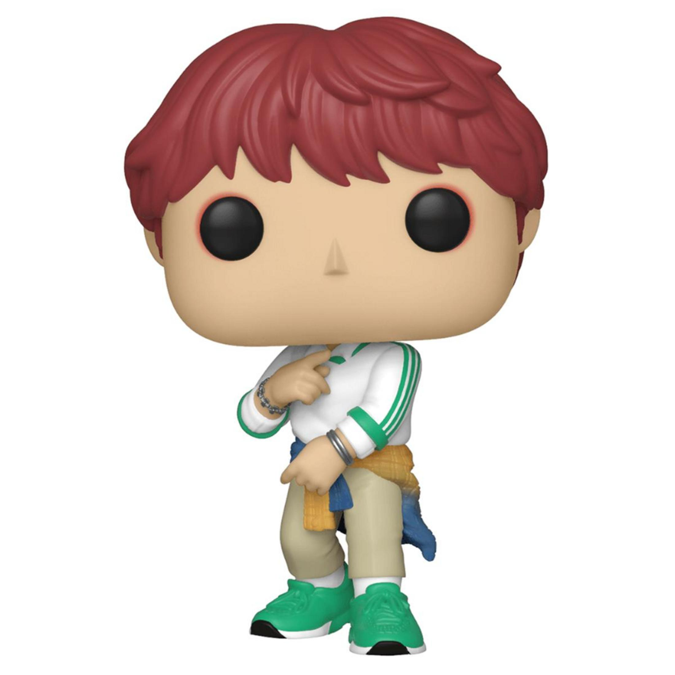 Funko Pop Figur eines Jungen mit roten Haaren, trägt eine weiße Jacke mit grünen Streifen und grünen Schuhen.