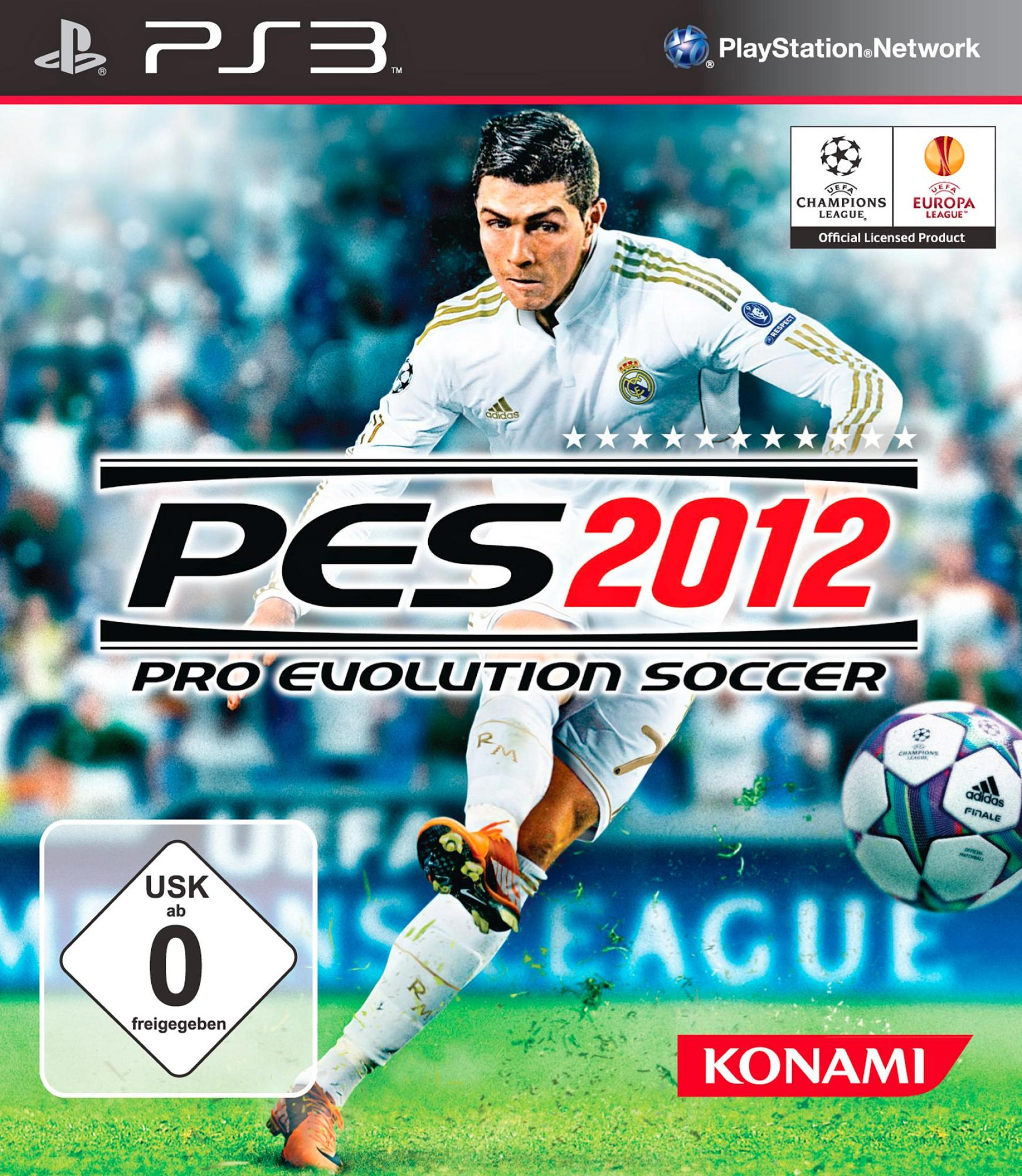 Cristiano Ronaldo im PES 2012-Spielcover für PS3, mit Champions/Europa League-Logos.