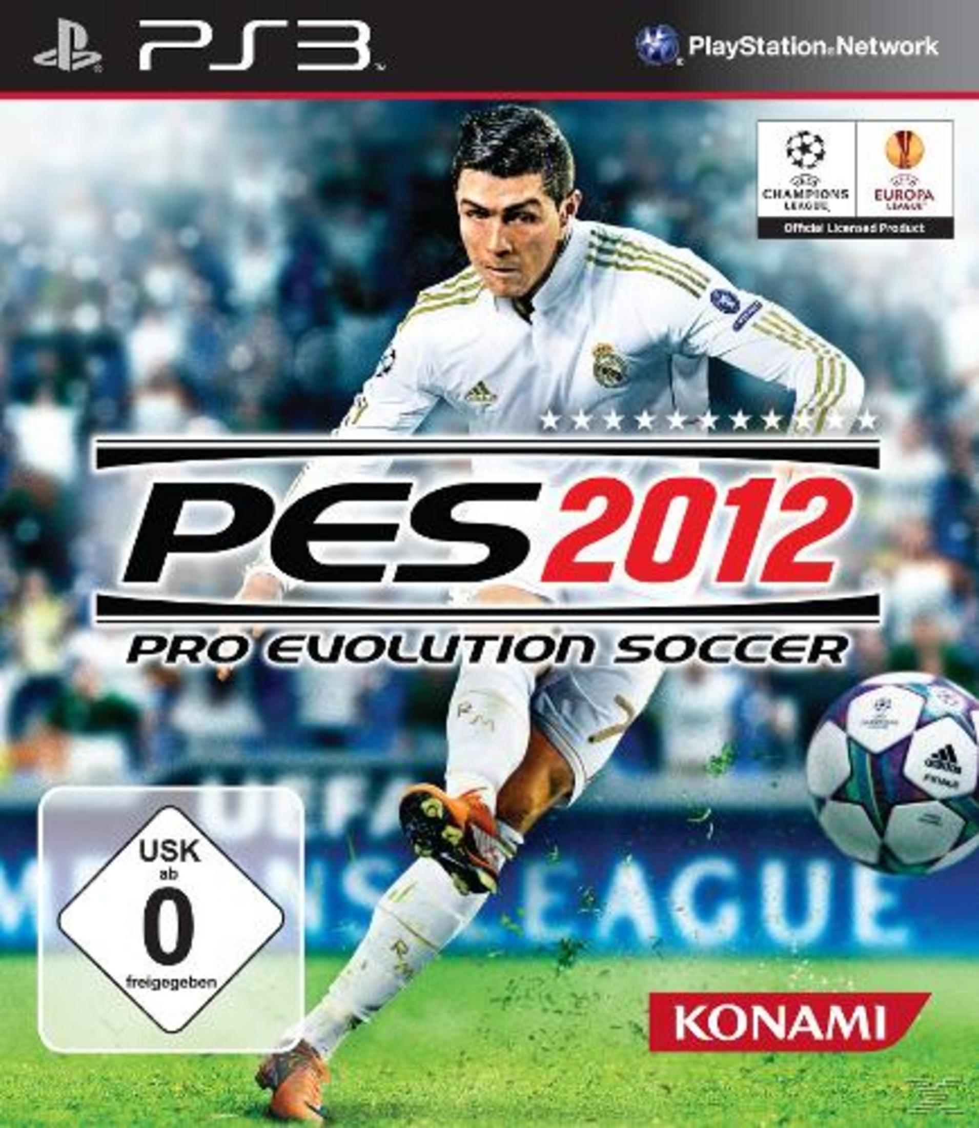 Cover von PES 2012 mit Cristiano Ronaldo, einem Fußball und der USK-0-Freigabe.