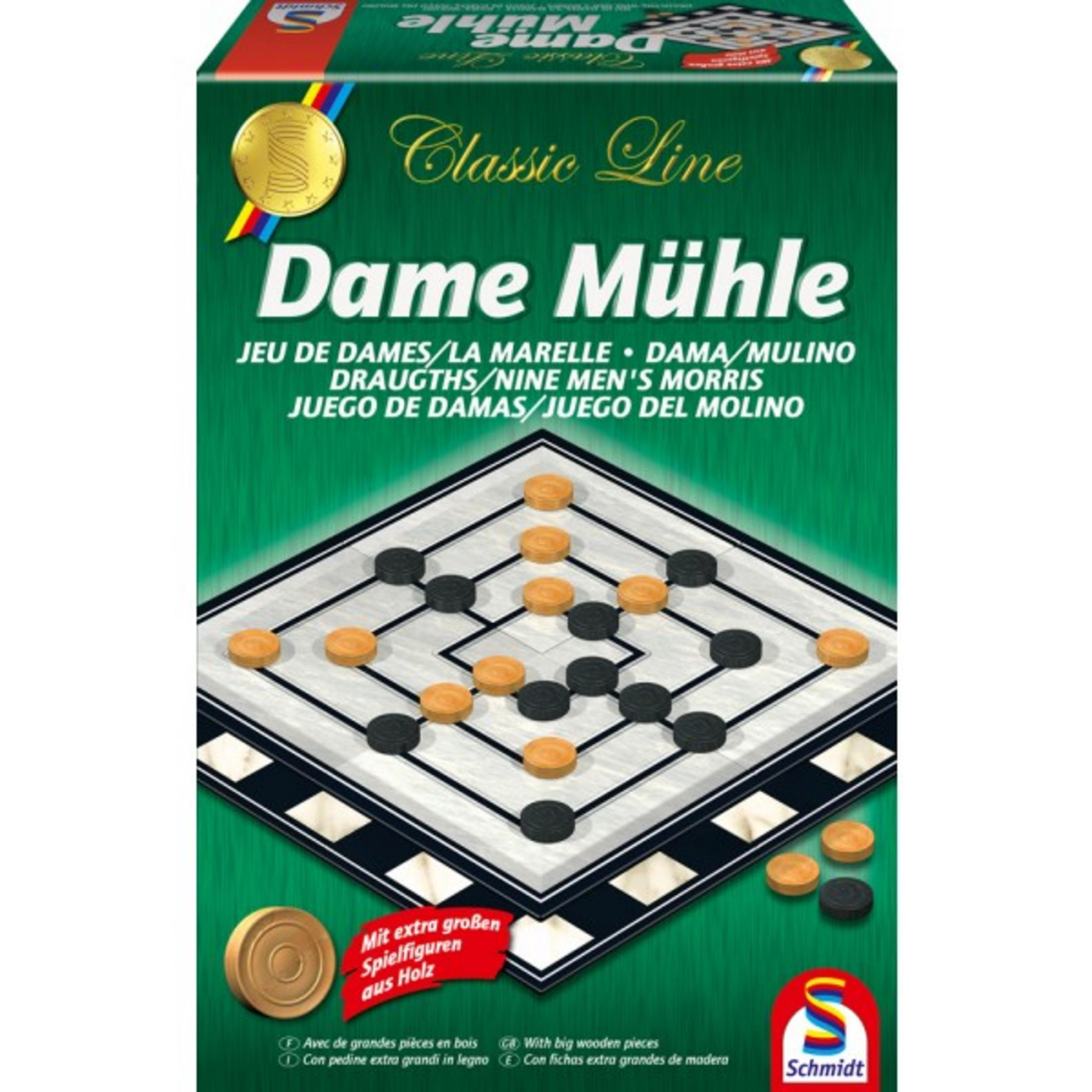 Juego de mesa El molino: Tablero con fichas de juego negras y naranjas.