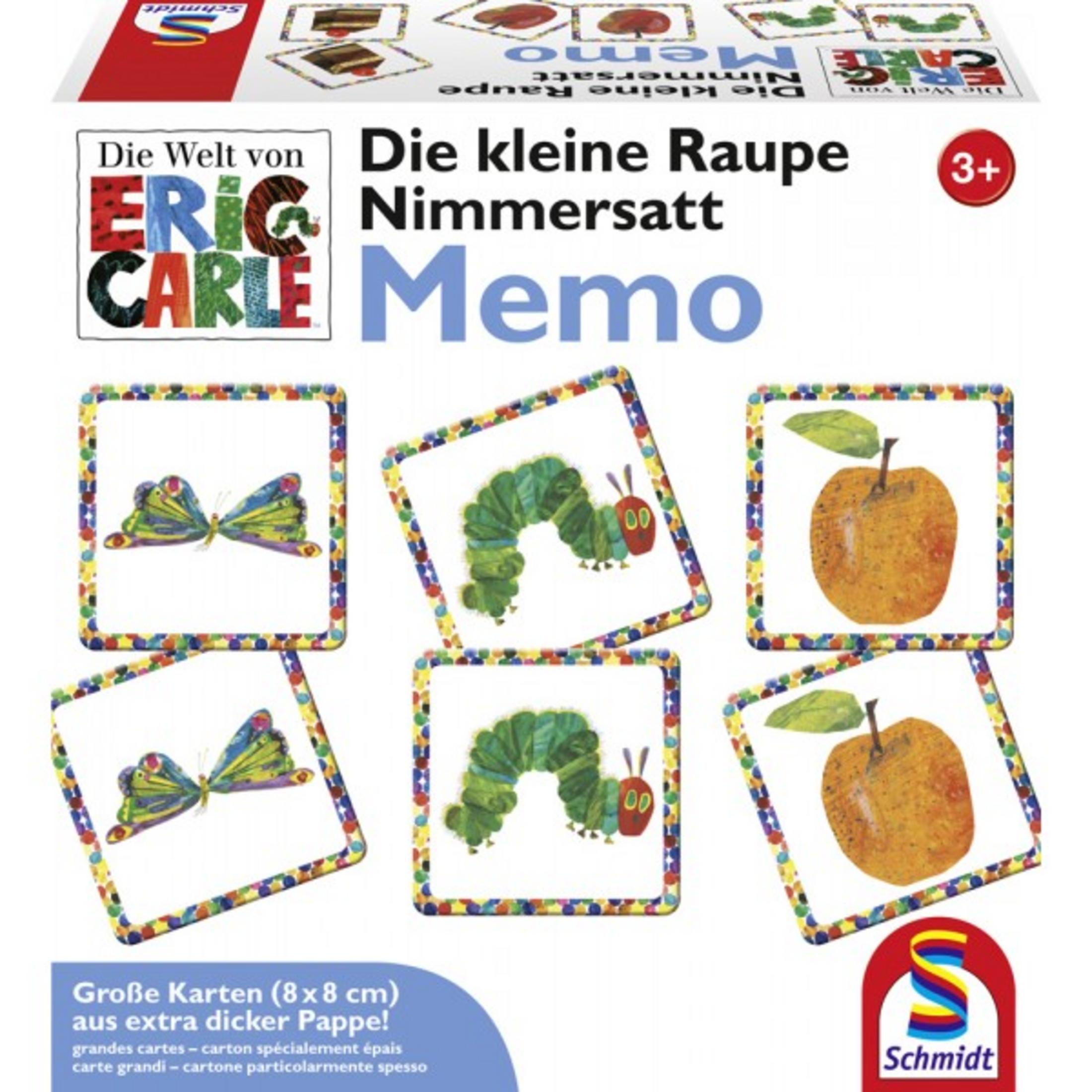 Memo-Spiel mit Motiven der kleinen Raupe Nimmersatt: Schmetterling, Raupe, Apfel.